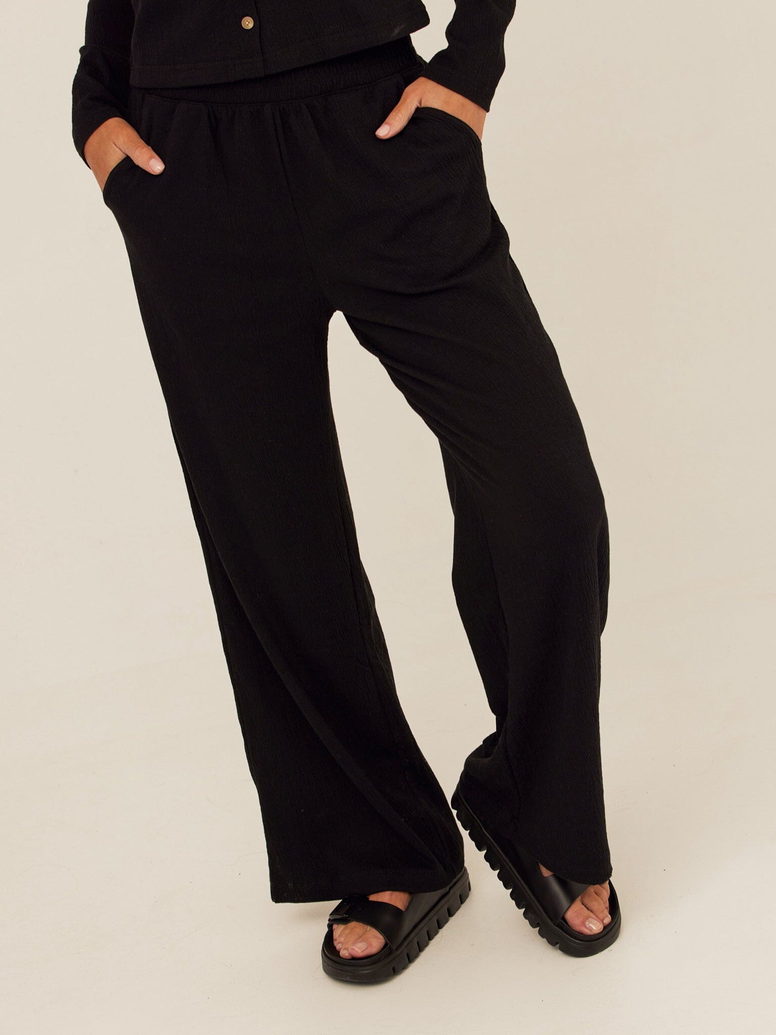 Ivanna Smocked Jersey Wide Leg Pant in Black - Relaxed Loungewear