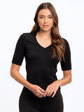 Black Aubrey collared rib v-neck knit top on a minimalist background