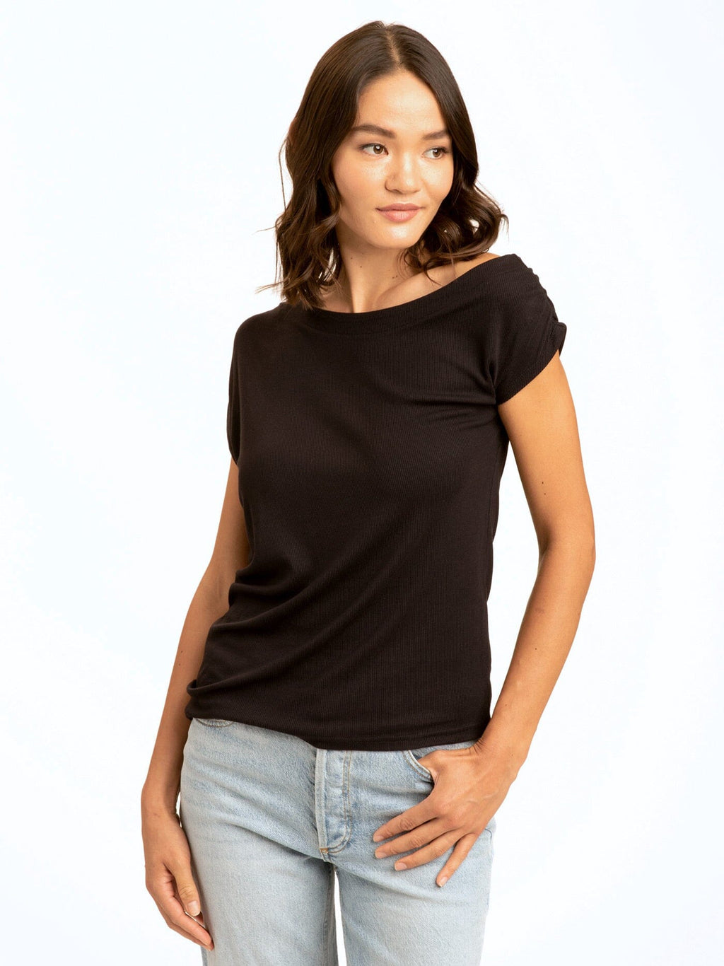Leoni Feather Rib Short Sleeve Off-Shoulder Top in Black