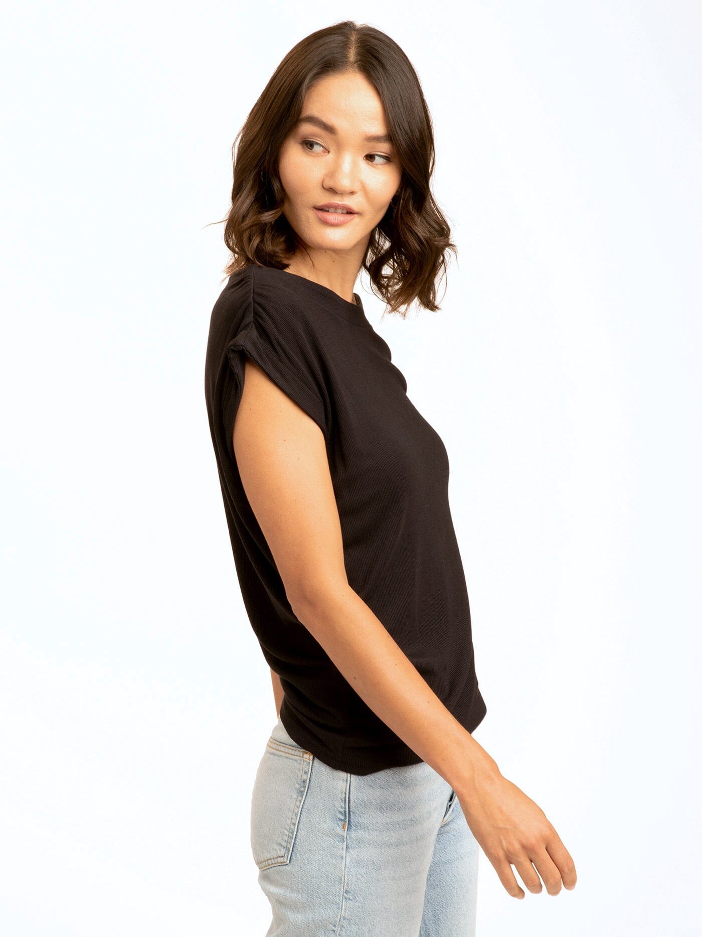 Leoni Feather Rib Short Sleeve Off-Shoulder Top in Black