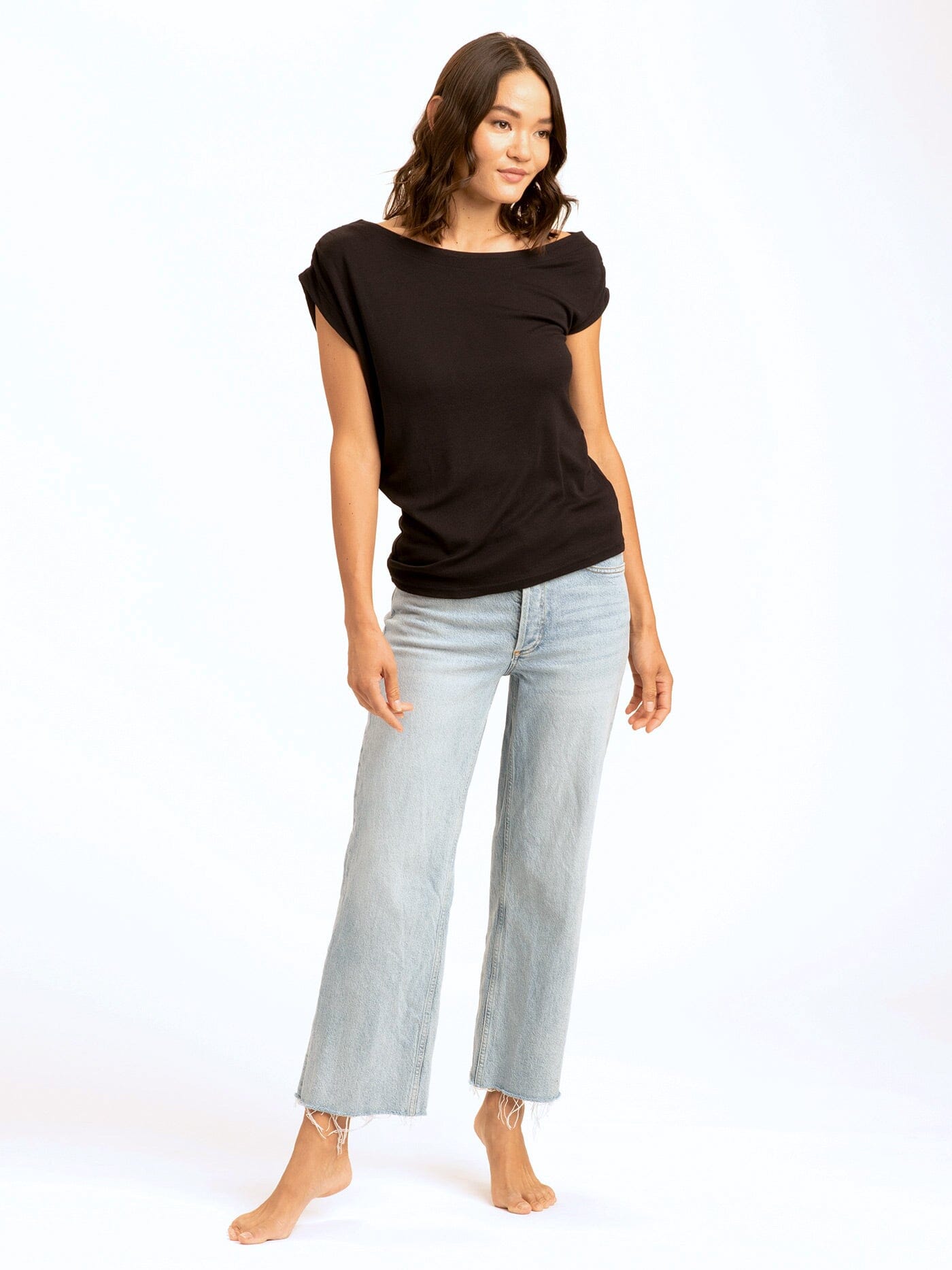 Leoni Feather Rib Short Sleeve Off-Shoulder Top in Black