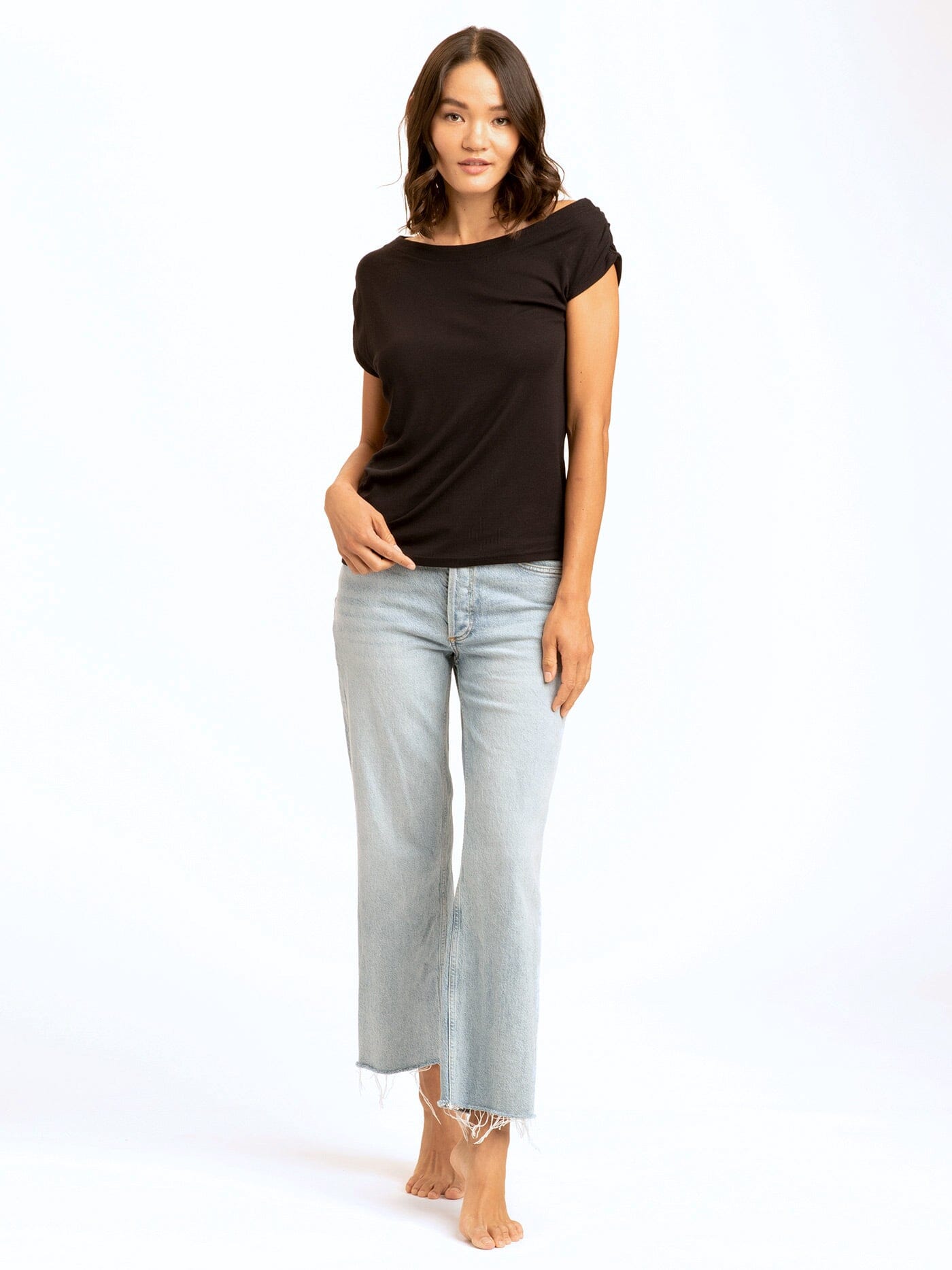 Leoni Feather Rib Short Sleeve Off-Shoulder Top in Black