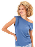 Woman wearing a fitted cornflower blue off-shoulder knit top with short sleeves.