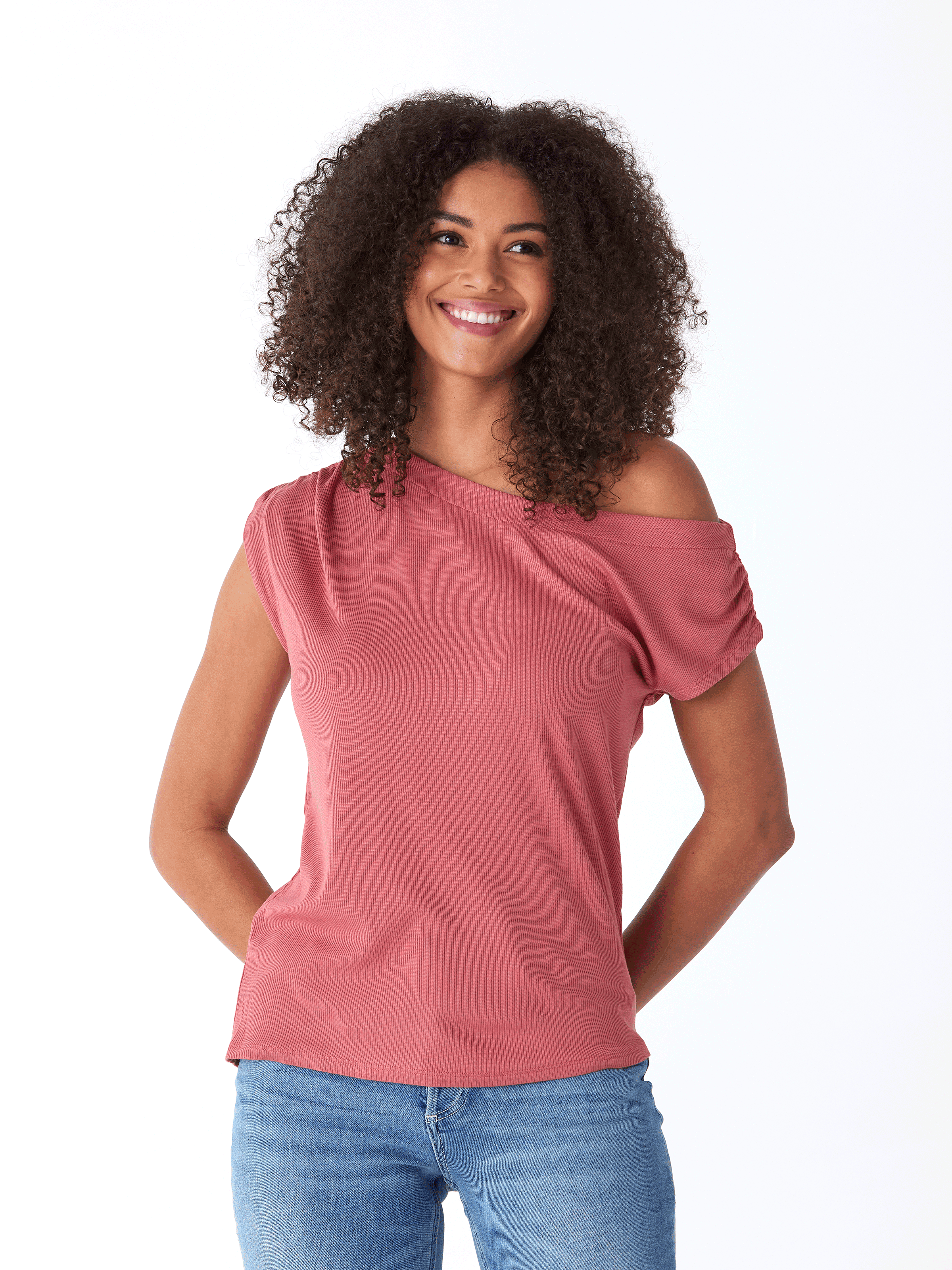 Leoni Feather Rib Short Sleeve Off-Shoulder Top