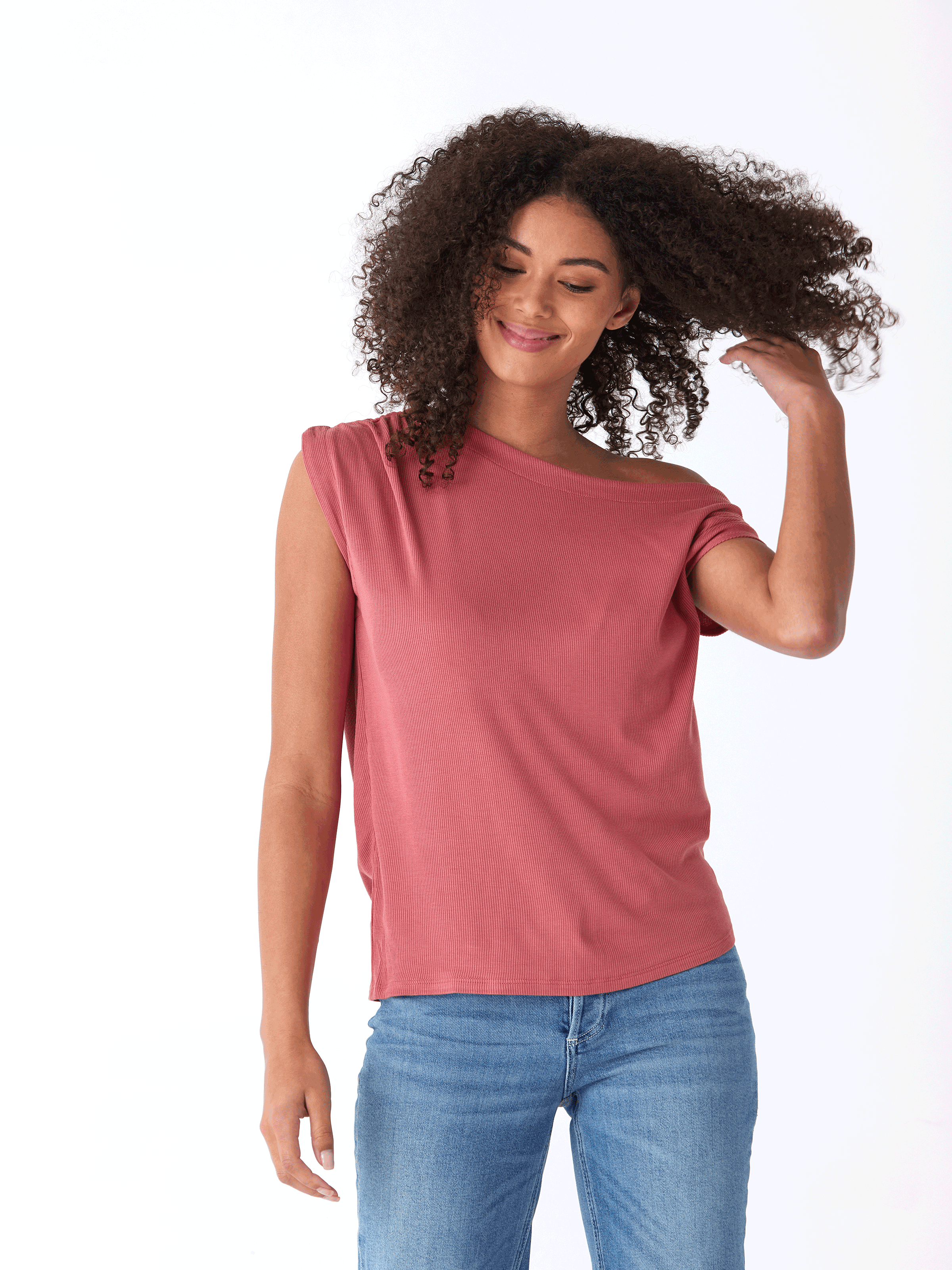Women's off-shoulder Feather Rib short sleeve top in dusty-rose