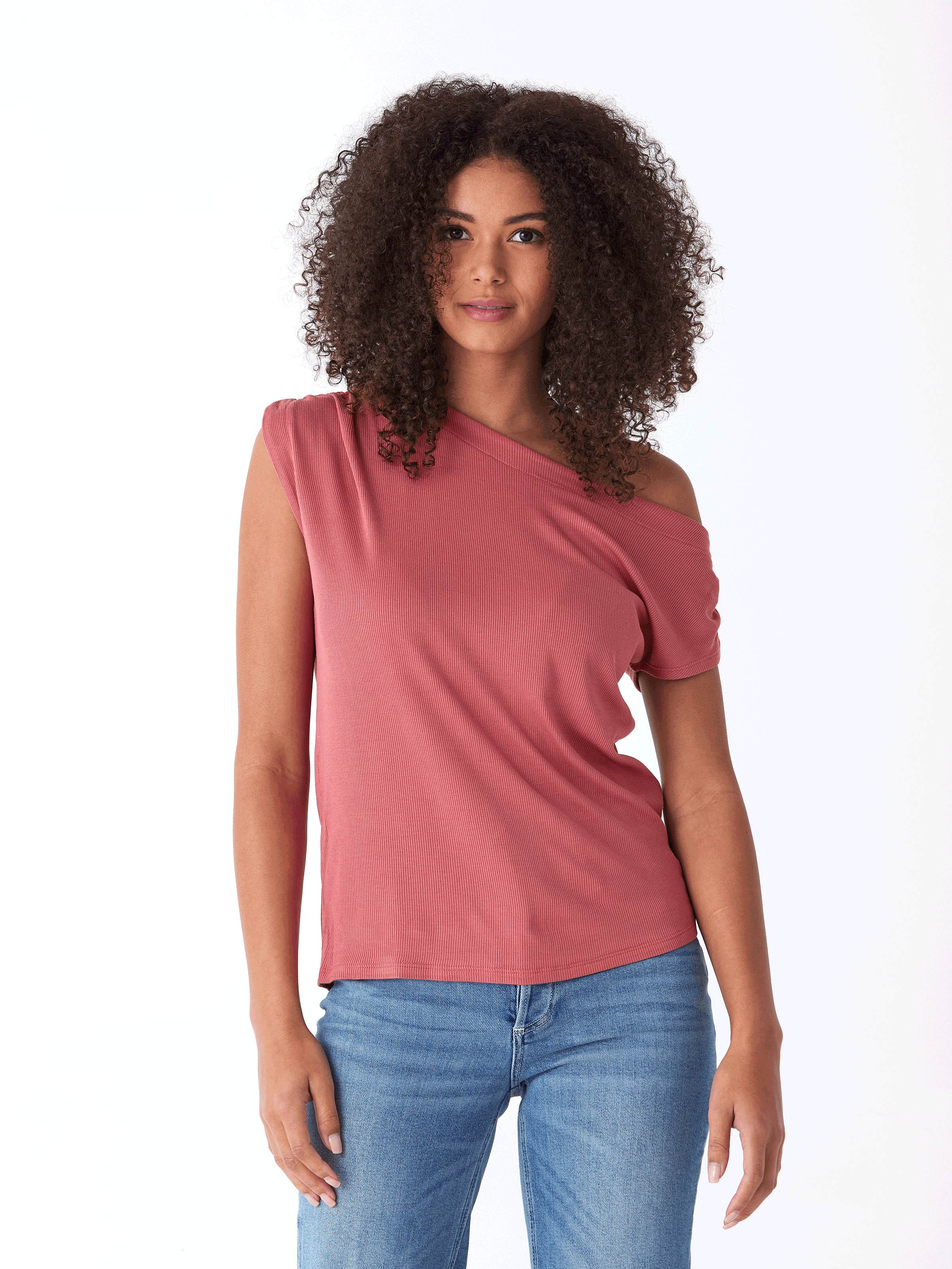 Leoni Feather Rib Short Sleeve Off-Shoulder Top
