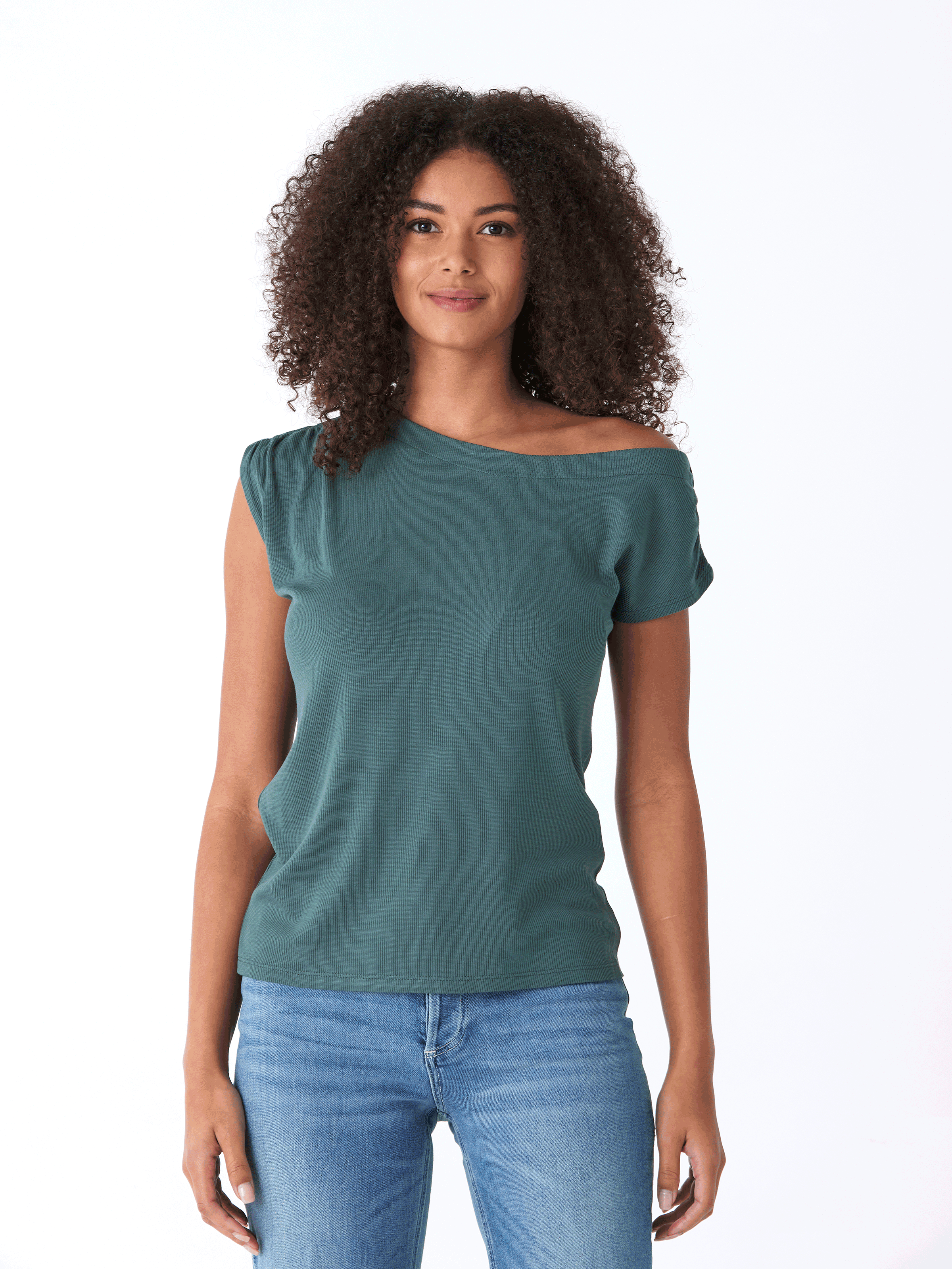 Leoni Feather Rib Short Sleeve Off-Shoulder Top