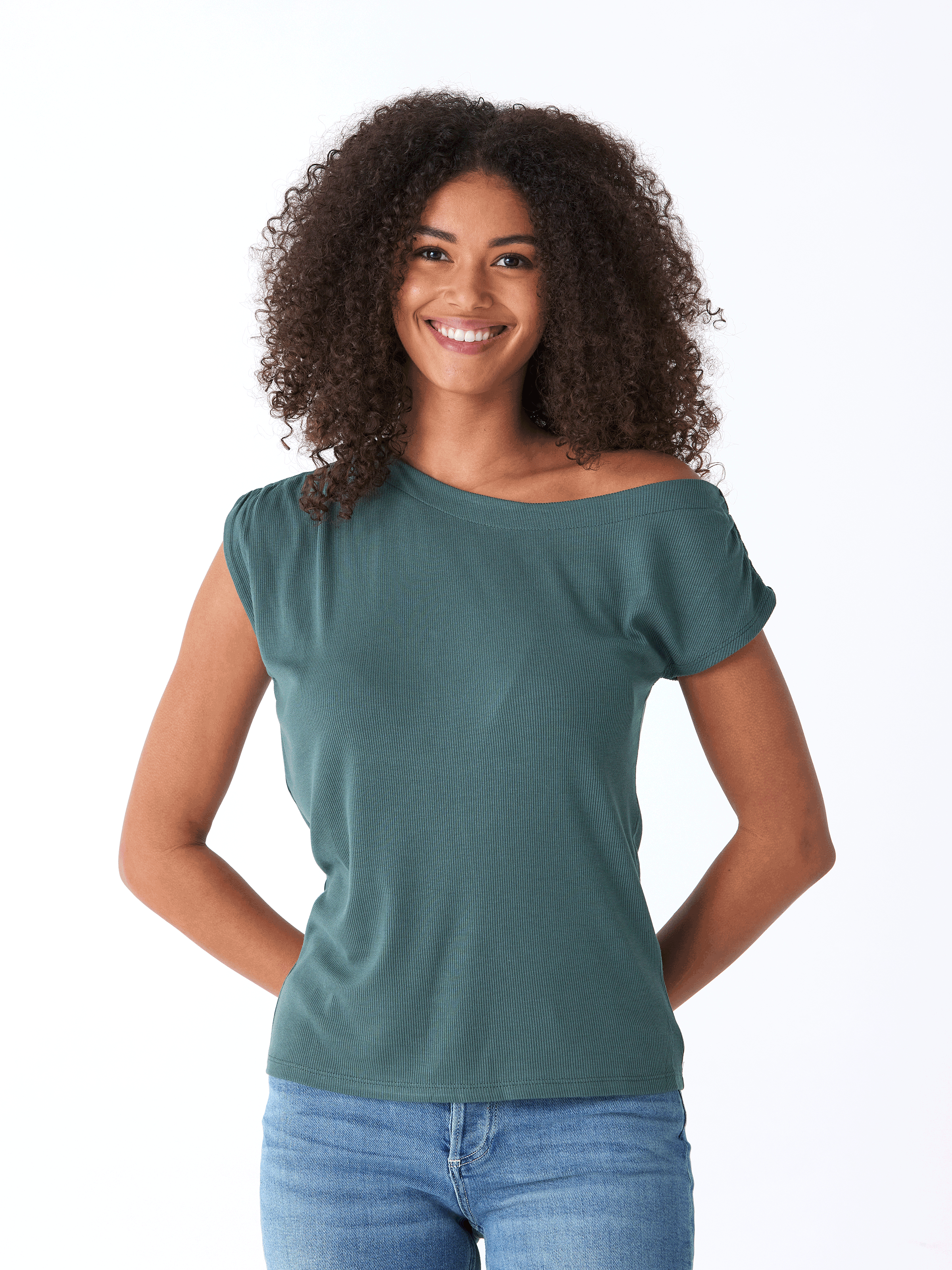 Modern off-shoulder top in dark-green Feather Rib knit fabric