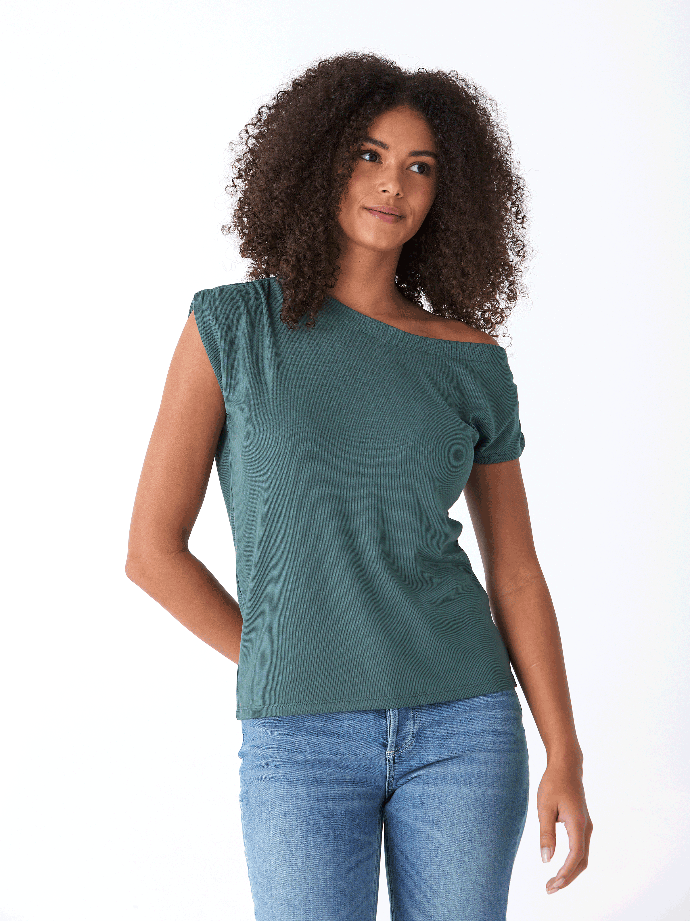 Leoni Feather Rib Short Sleeve Off-Shoulder Top