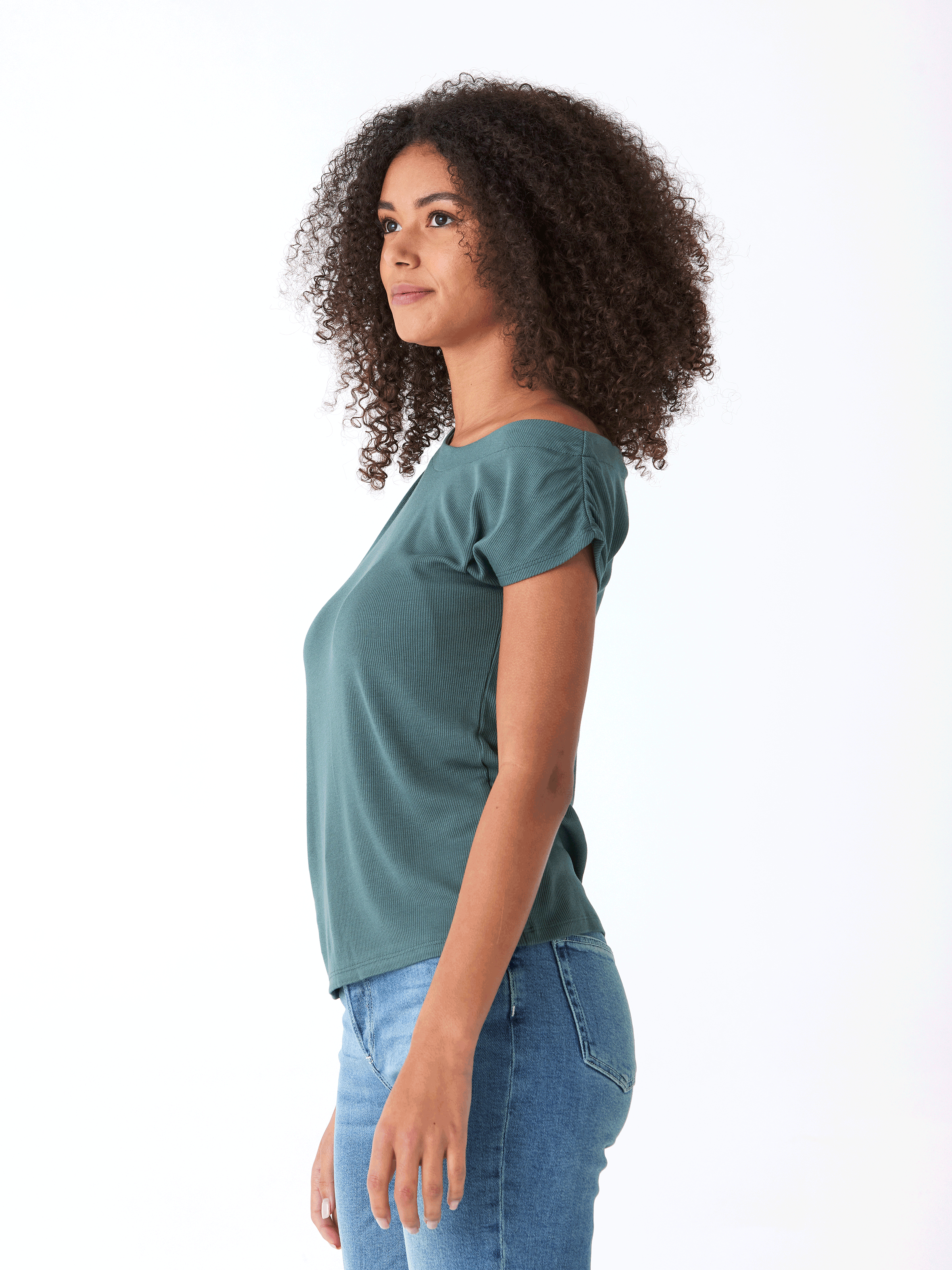 Leoni Feather Rib Short Sleeve Off-Shoulder Top