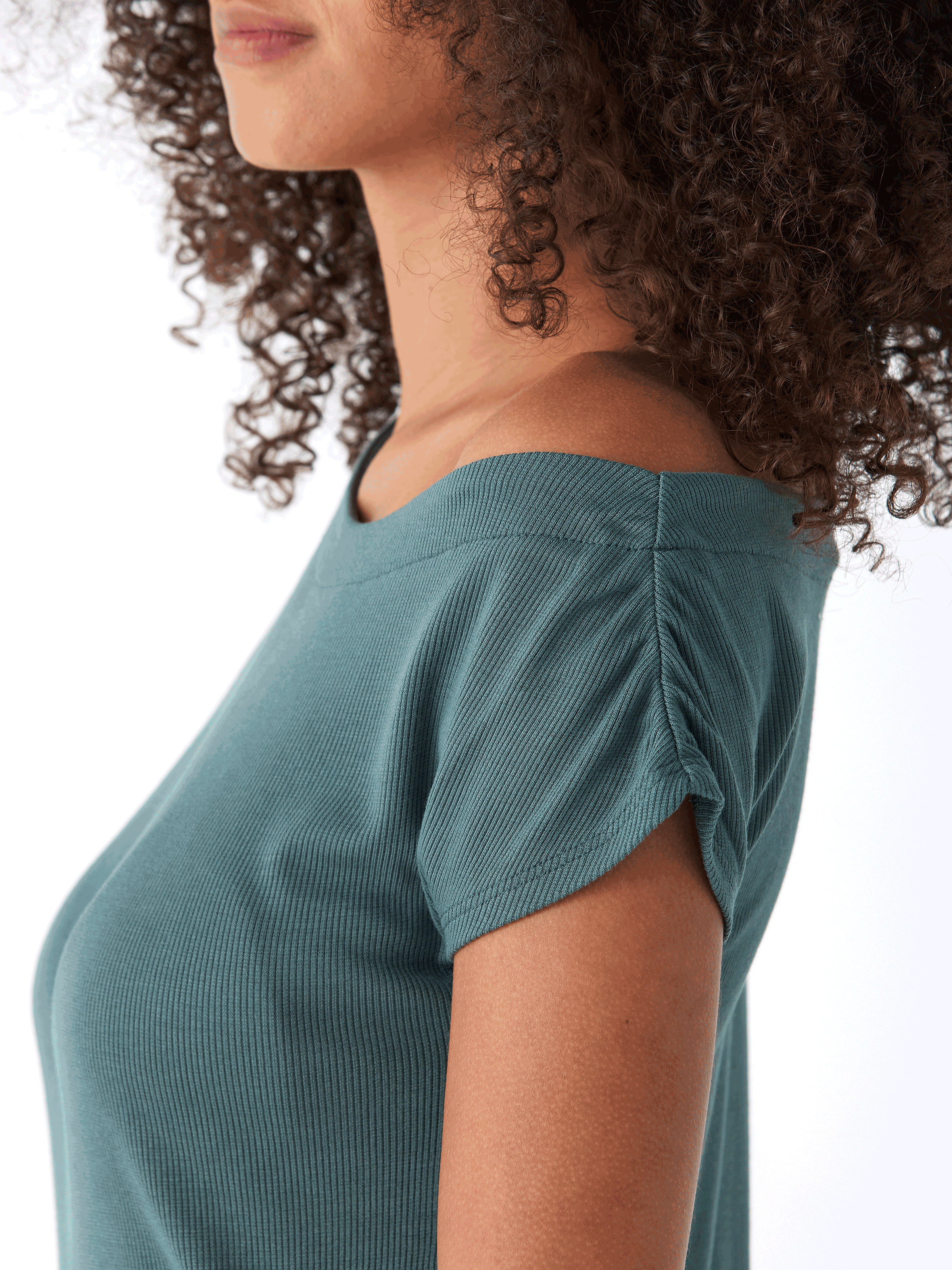 Leoni Feather Rib Short Sleeve Off-Shoulder Top