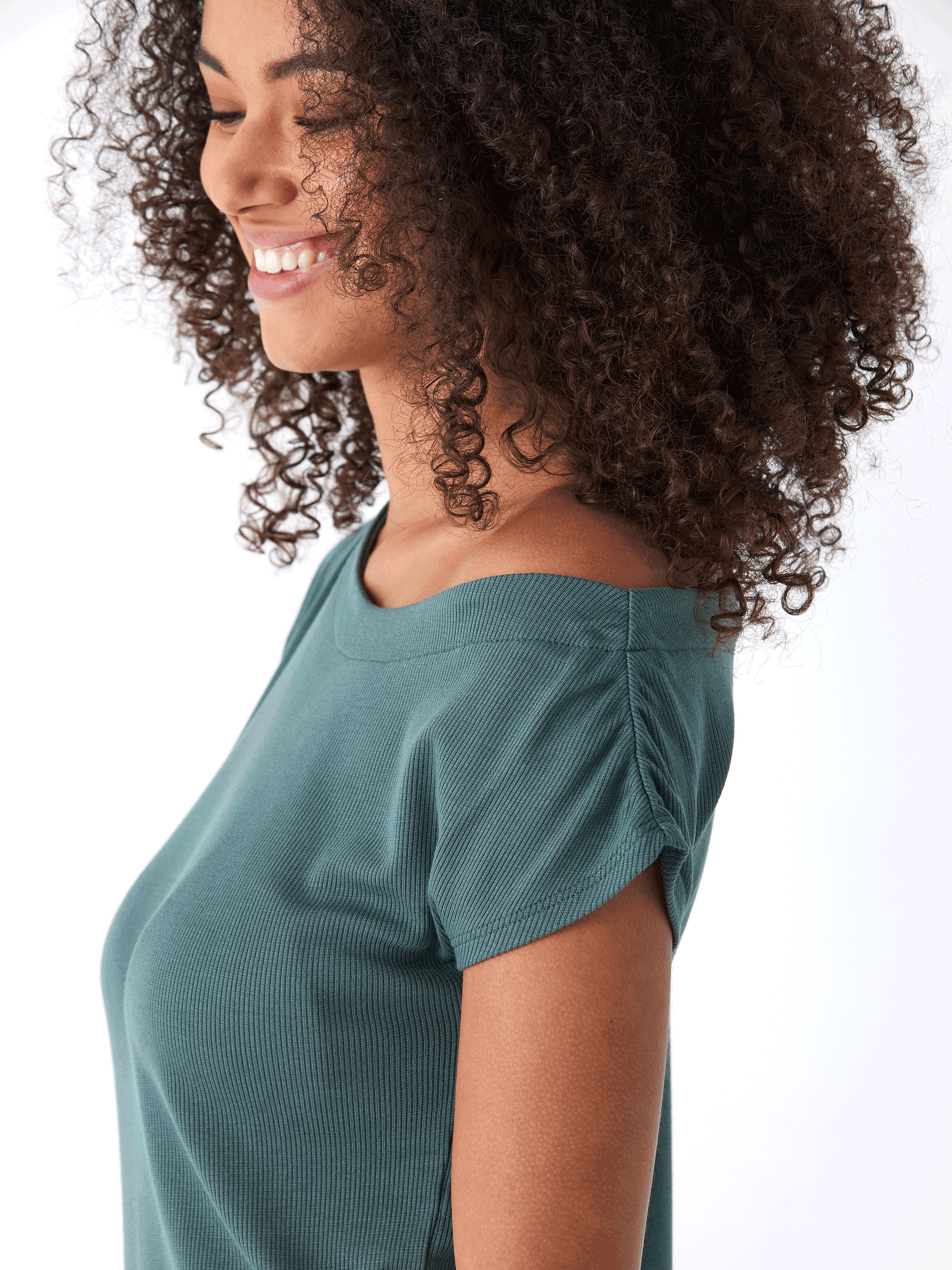 Leoni Feather Rib Short Sleeve Off-Shoulder Top