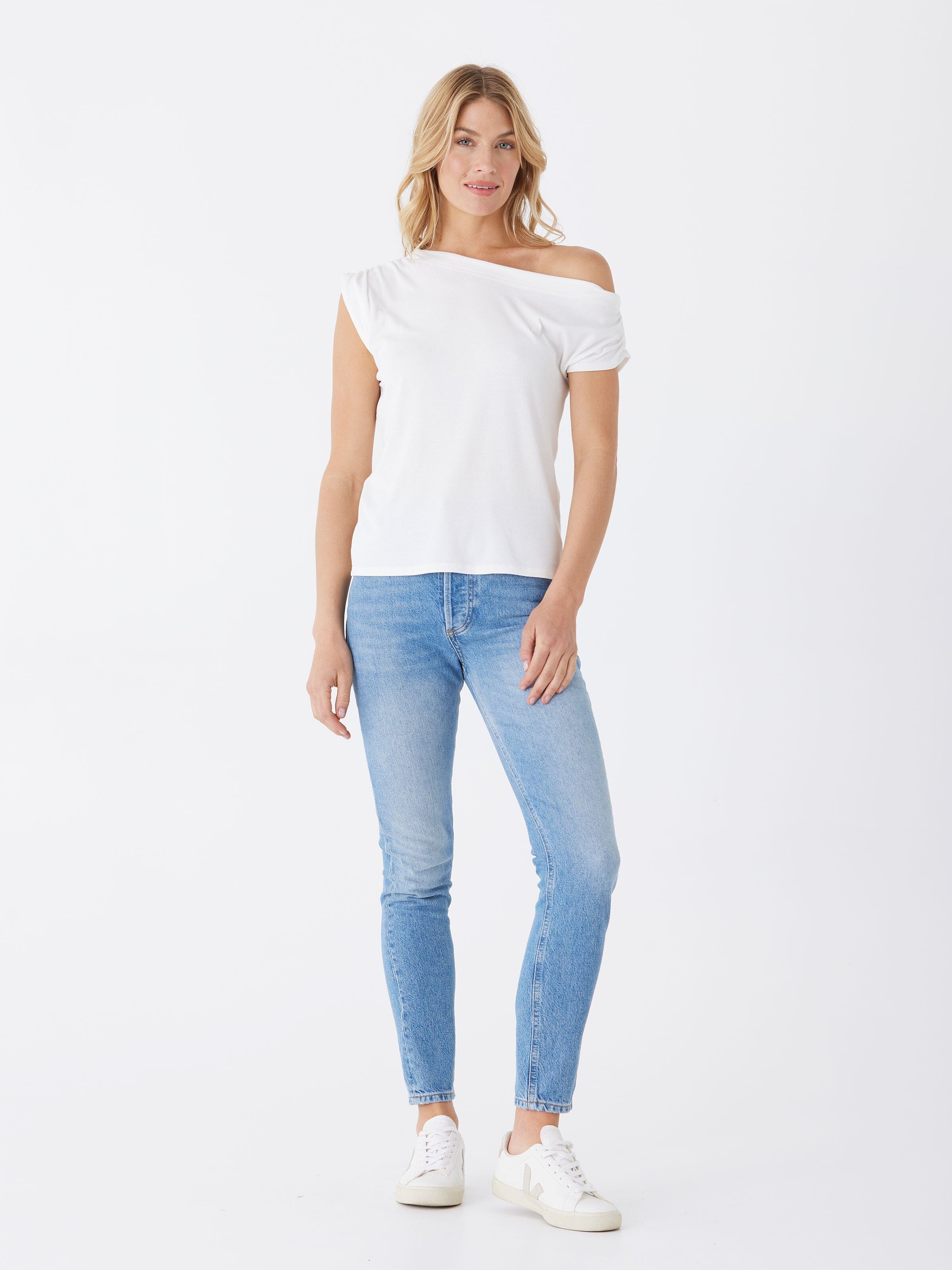 Leoni Feather Rib Short Sleeve Off-Shoulder Top in White