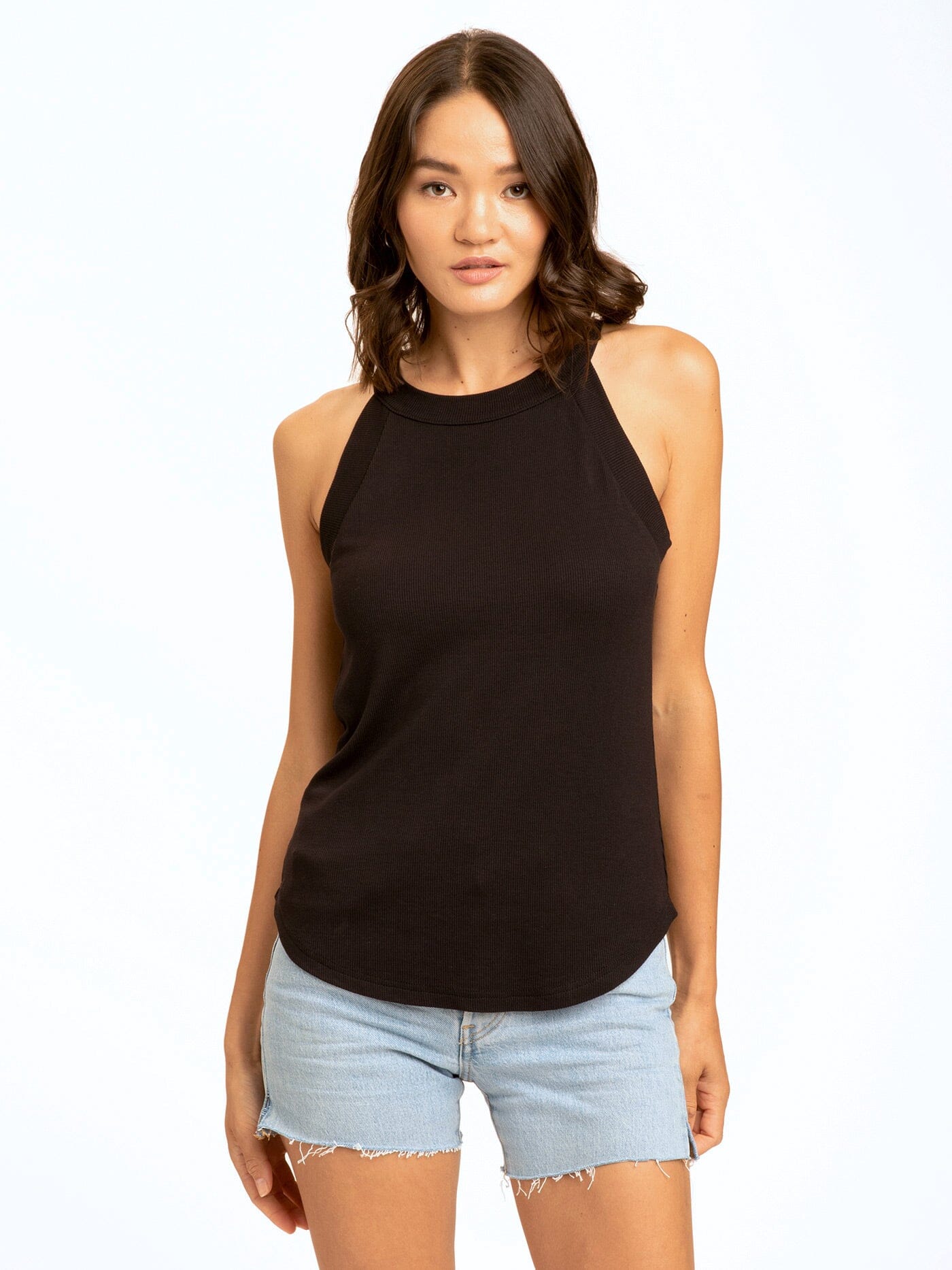 Maresia Feather Rib Tank in black with a high neck and relaxed fit.