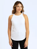 Model wearing a high neck Maresia Feather Rib Tank in a relaxed, comfortable fit.