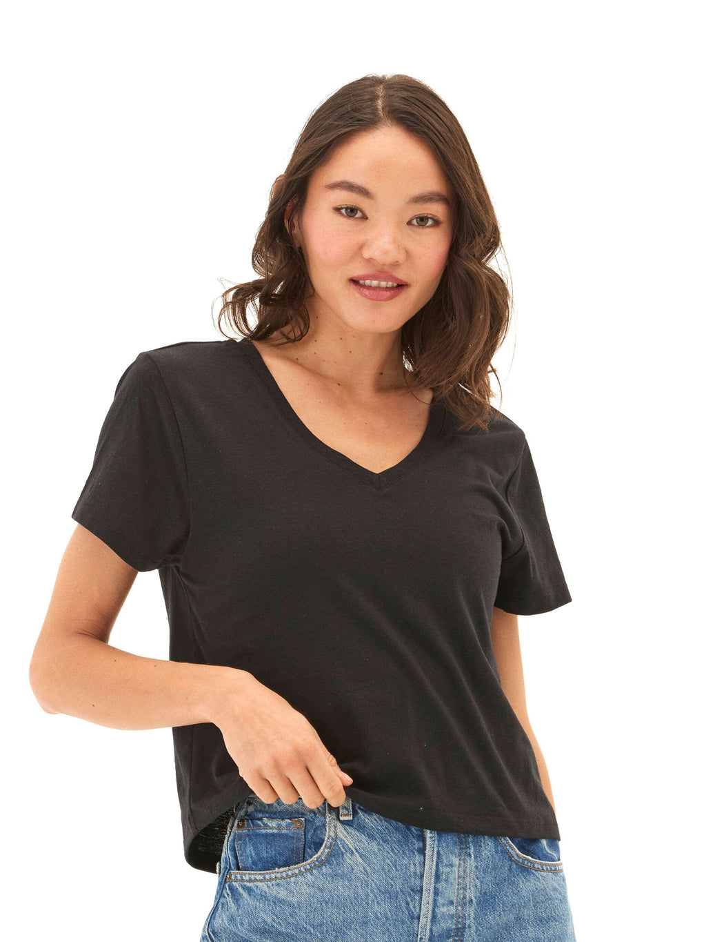Core Triblend Jersey V-Neck Tee in black shown on a model.