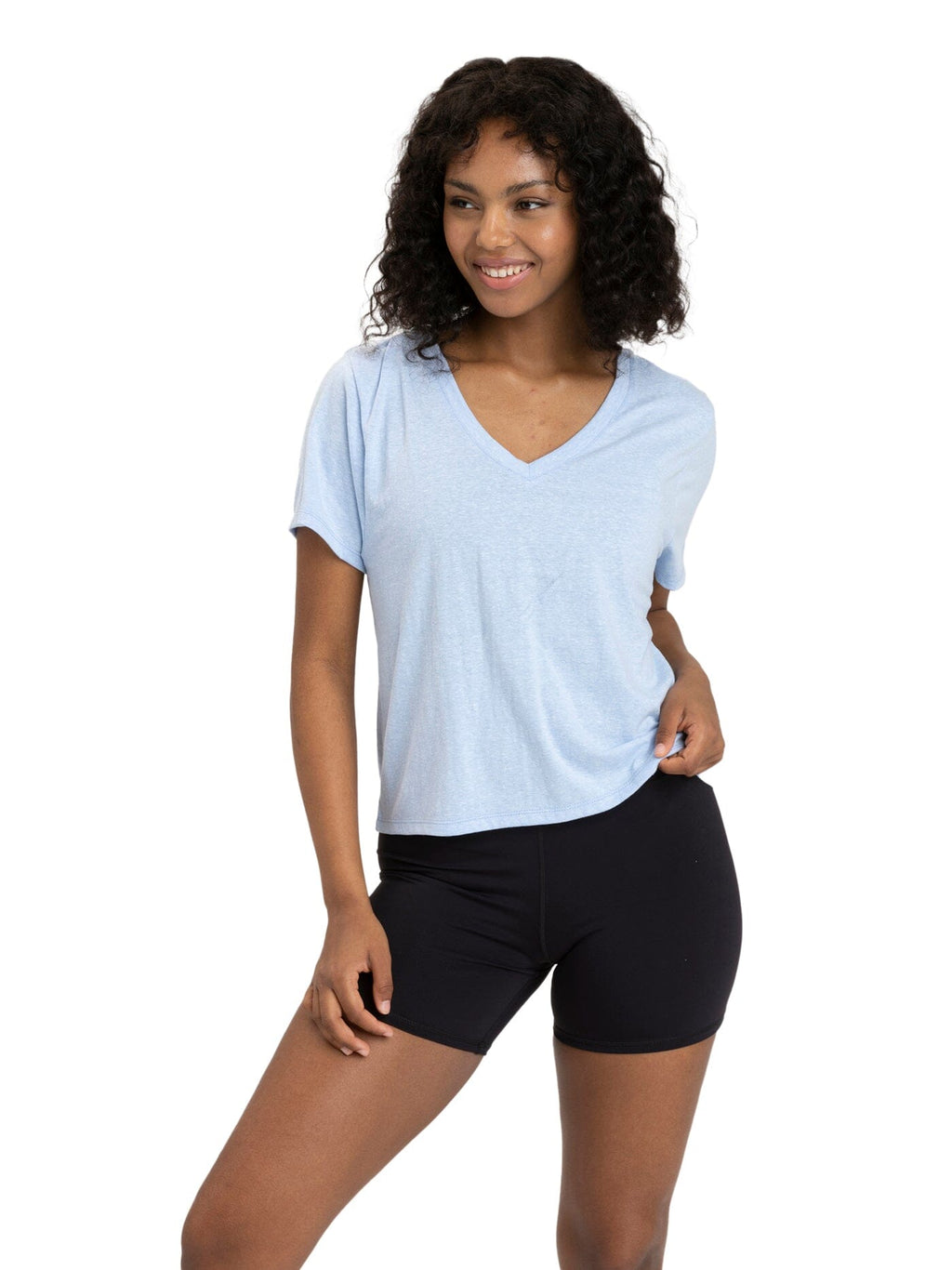 Close up of the Core Triblend Jersey V-Neck Tee in light blue and white
