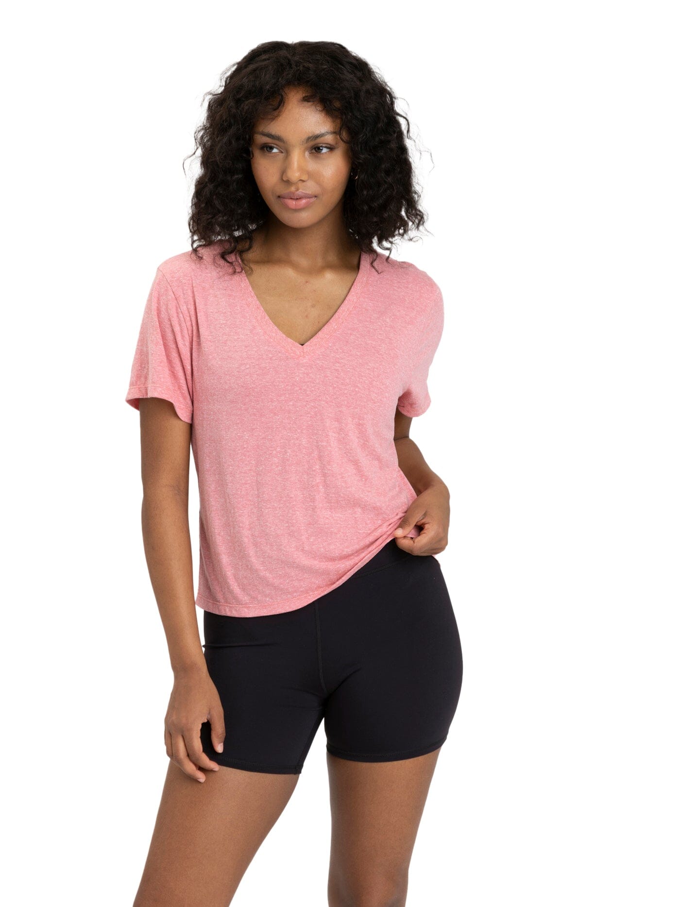 Close up of the Core Triblend Jersey V-Neck Tee in a relaxed, soft fabric silhouette.