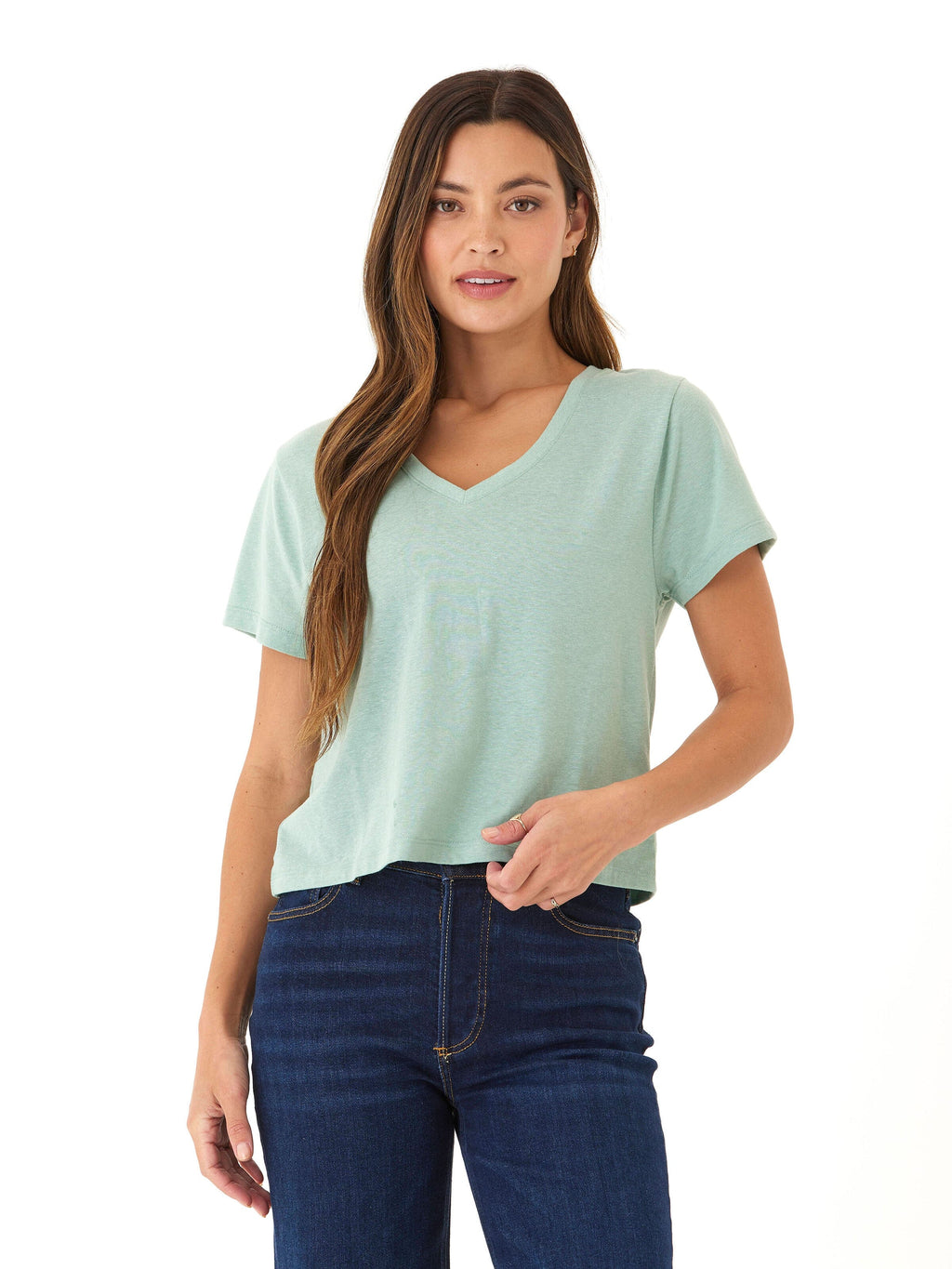 A soft, lightweight grey Core Triblend Jersey V-Neck Tee for men or women