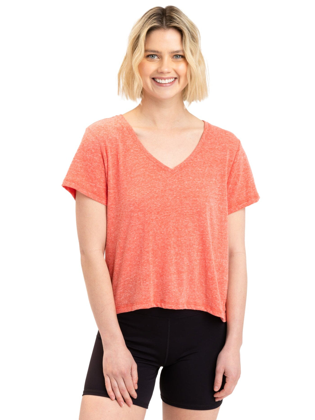 Core Triblend Jersey V-Neck Tee available in coral and white.