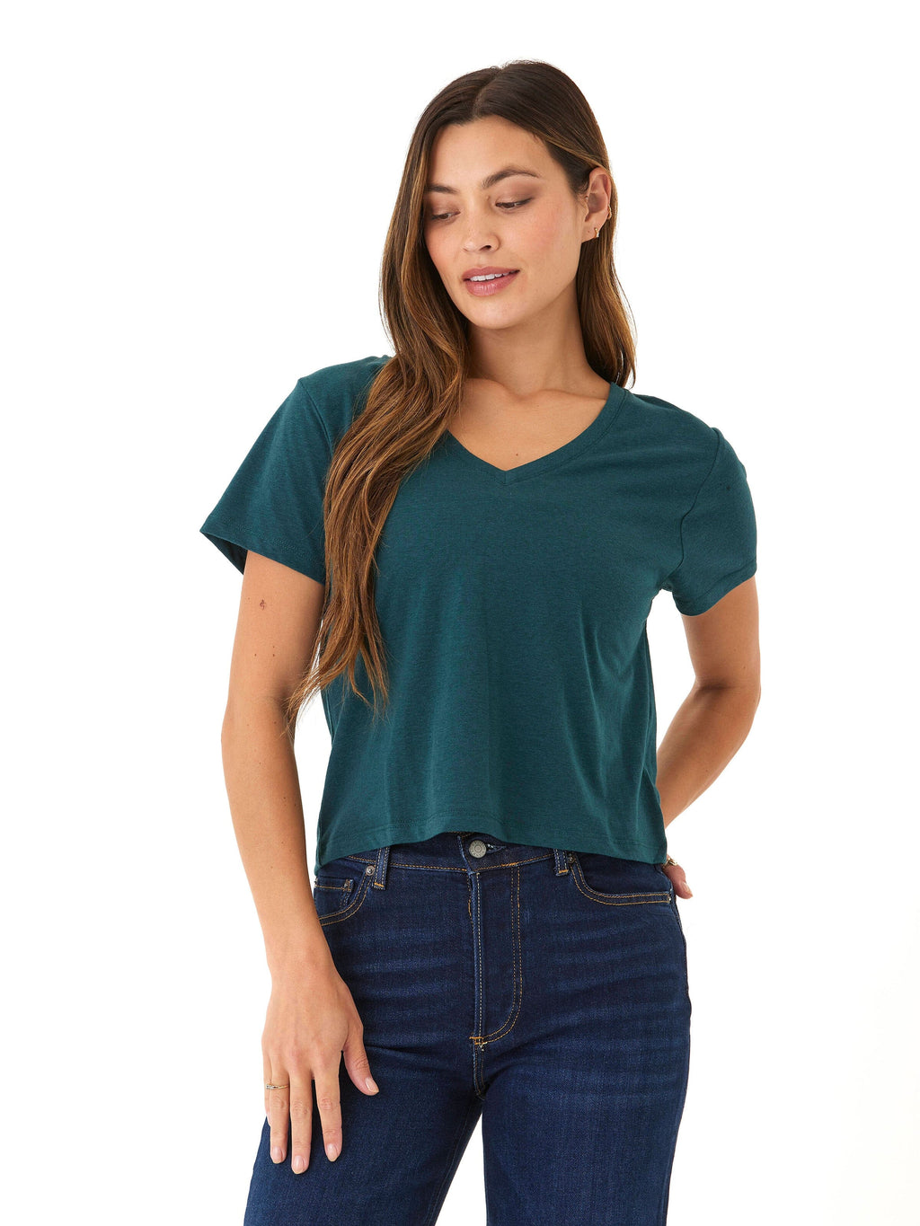 Close up of the Core Triblend Jersey V-Neck Tee in forest-green featuring a flattering v-neckline.