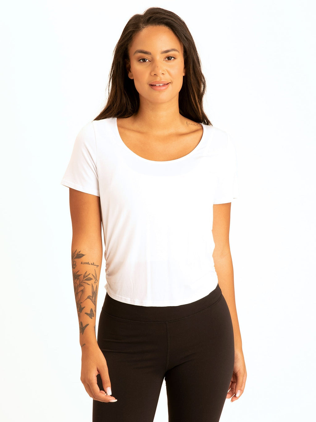 White Deena ruched shirttail cropped tee in soft Modal jersey fabric