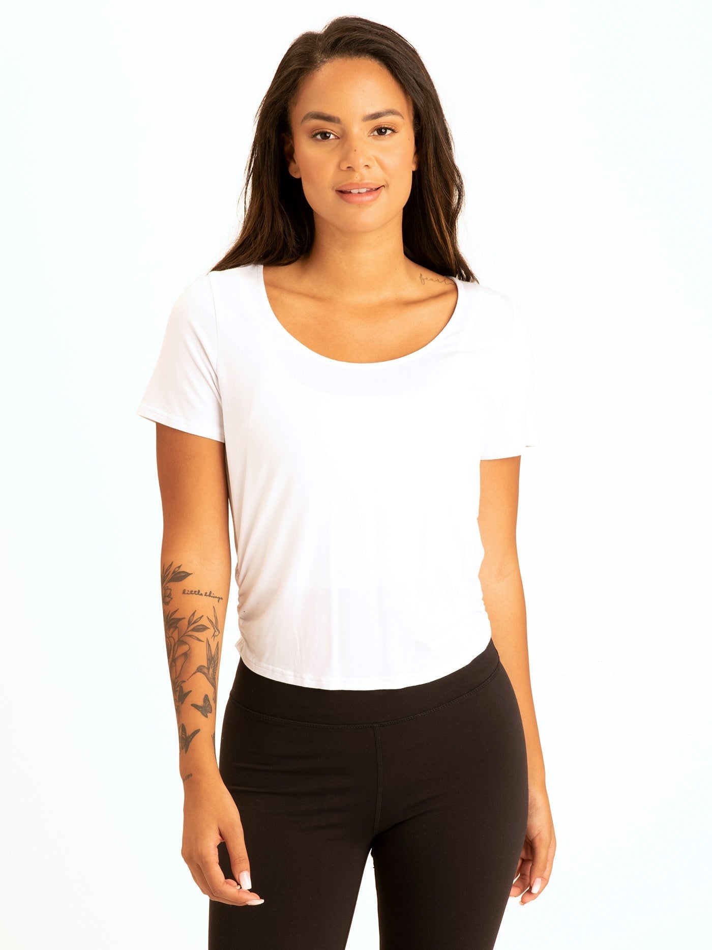 White Deena ruched shirttail cropped tee in soft Modal jersey fabric