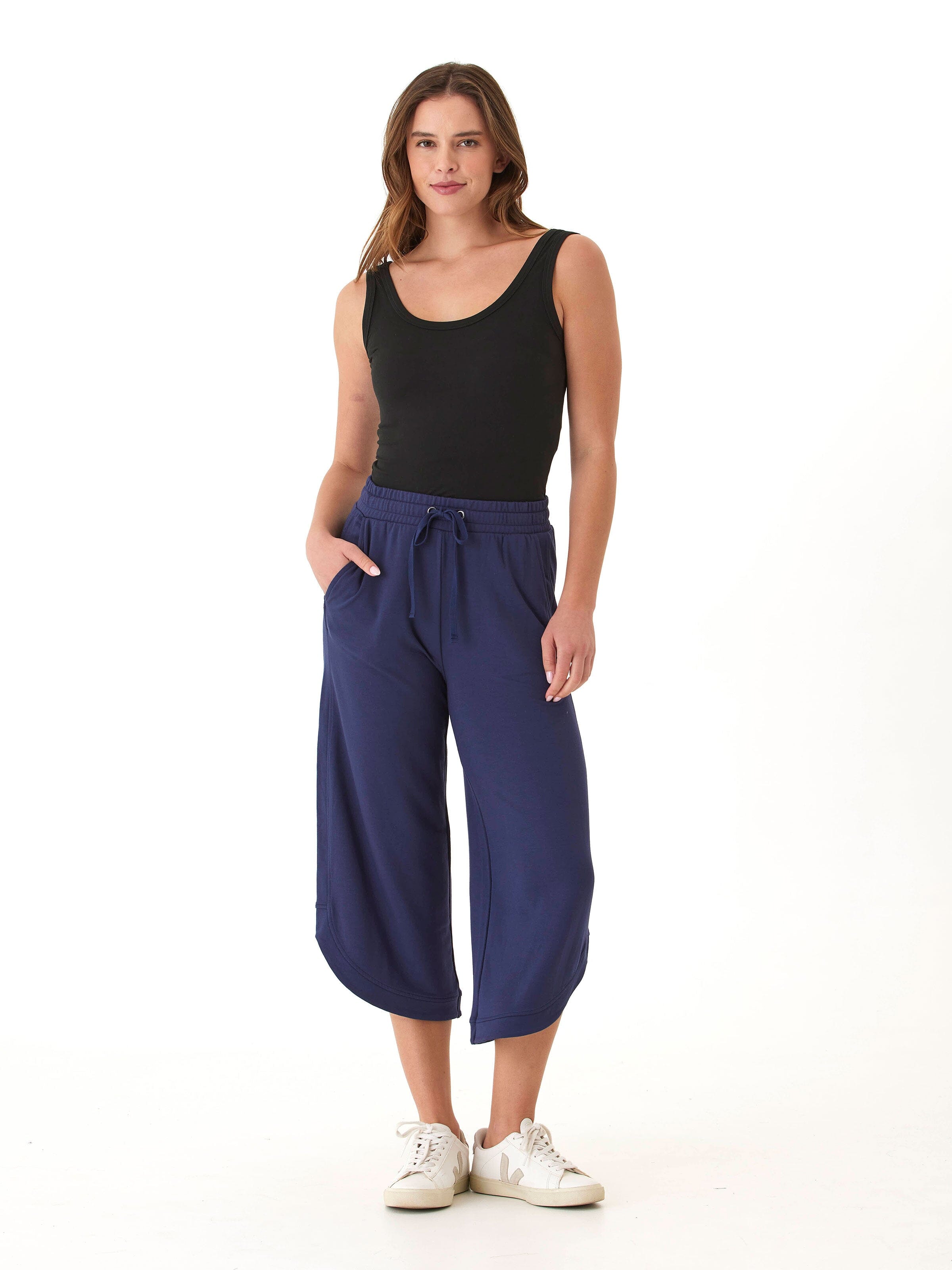 Kellyna Modal Terry Capri Dolphin Pant in Navy Blue Wide Leg