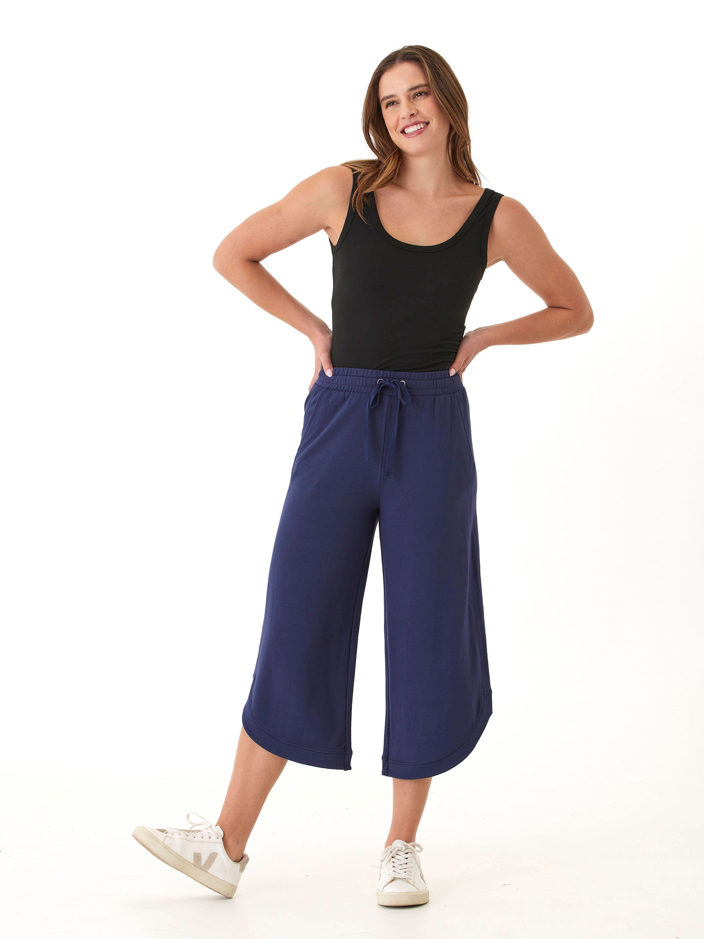 Kellyna Modal Terry Capri Dolphin Pant in Navy Blue Wide Leg