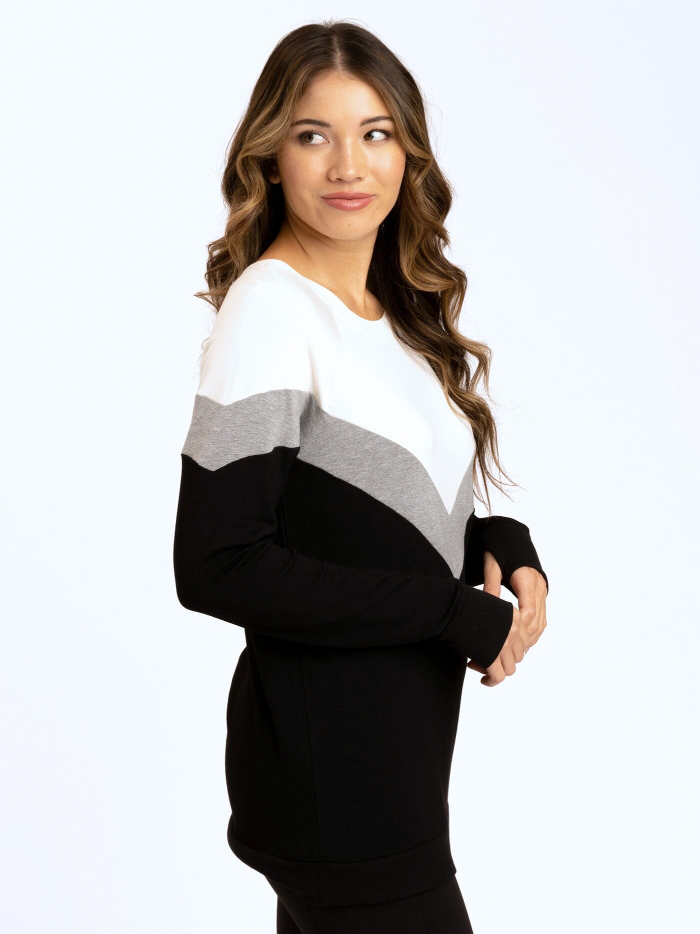 Chevron Colorblock Tunic FeatherLoop Fleece Geometric Sweatshirt