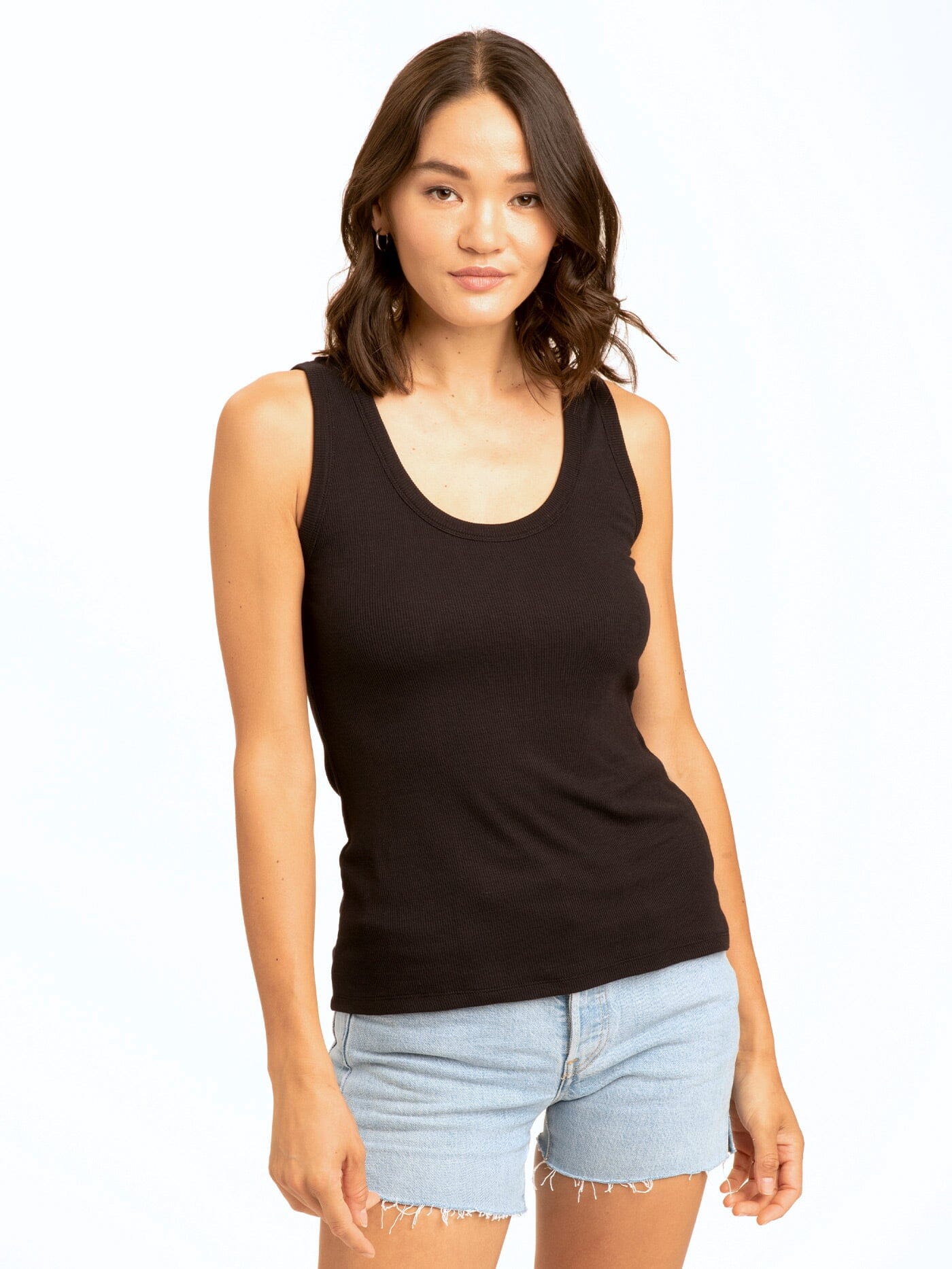 Close up of the Amazonia Feather Rib Tank showing scoop neck detail and soft ribbed texture