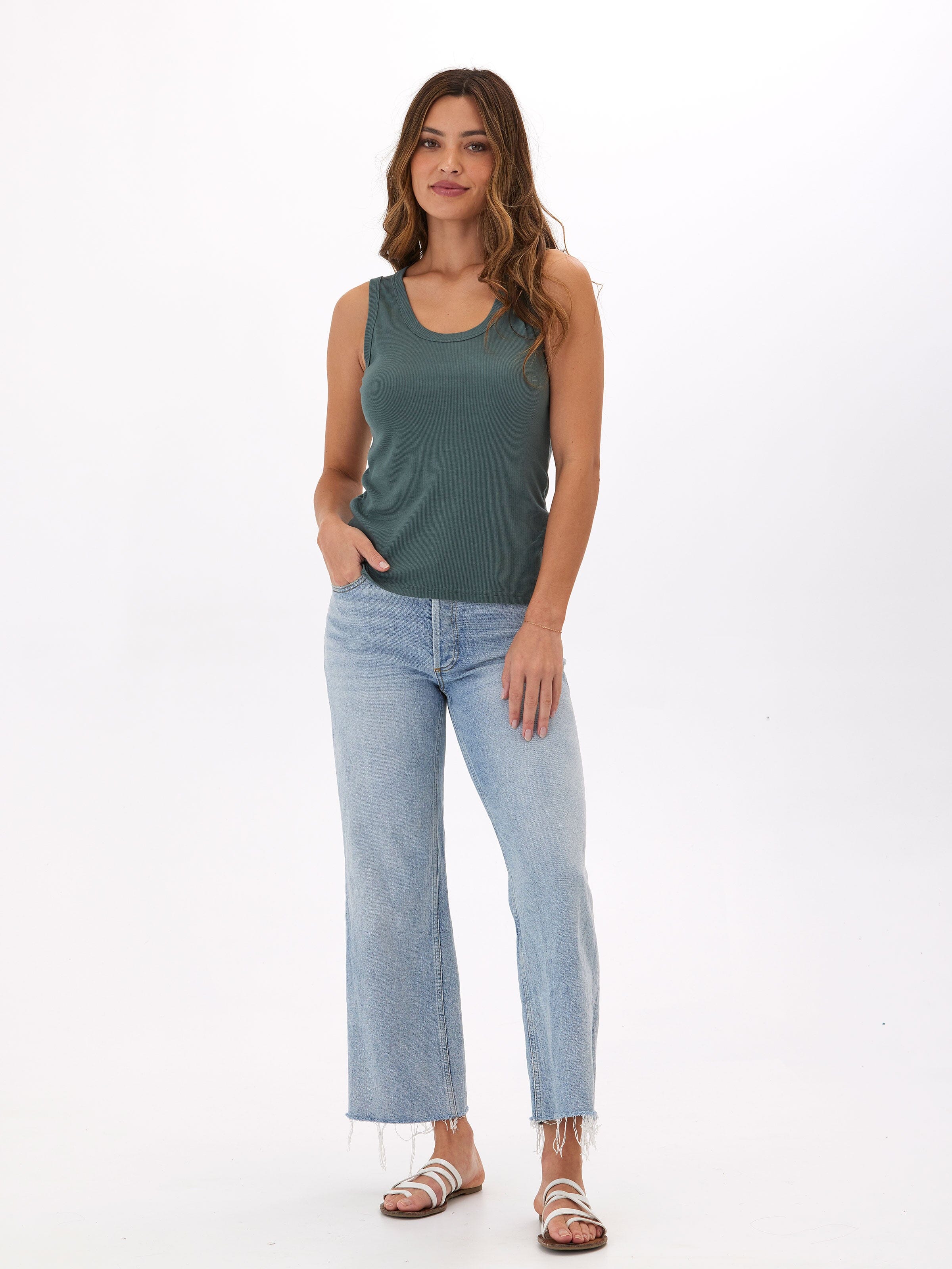 Amazonia Feather Rib Tank Top in Dark-Teal and Muted-Green
