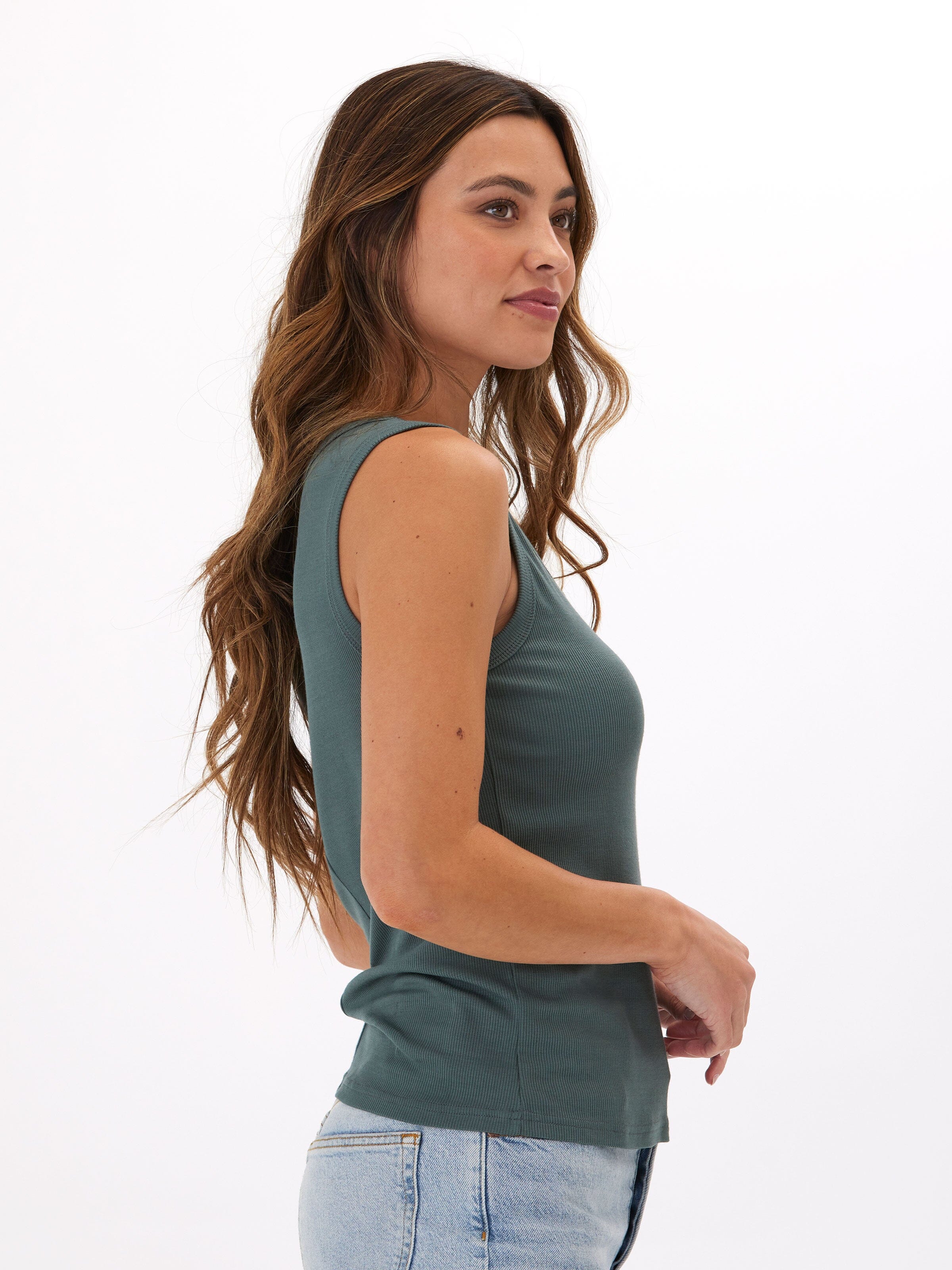 Amazonia Feather Rib Tank Top in Dark-Teal and Muted-Green