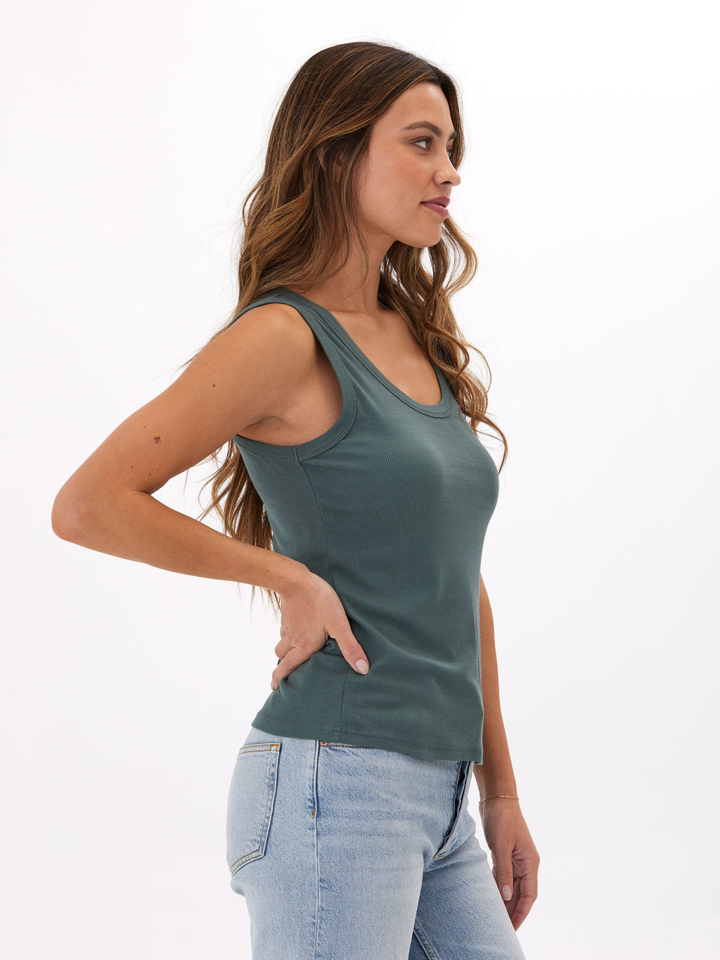 Amazonia Feather Rib Tank Top in Dark-Teal and Muted-Green