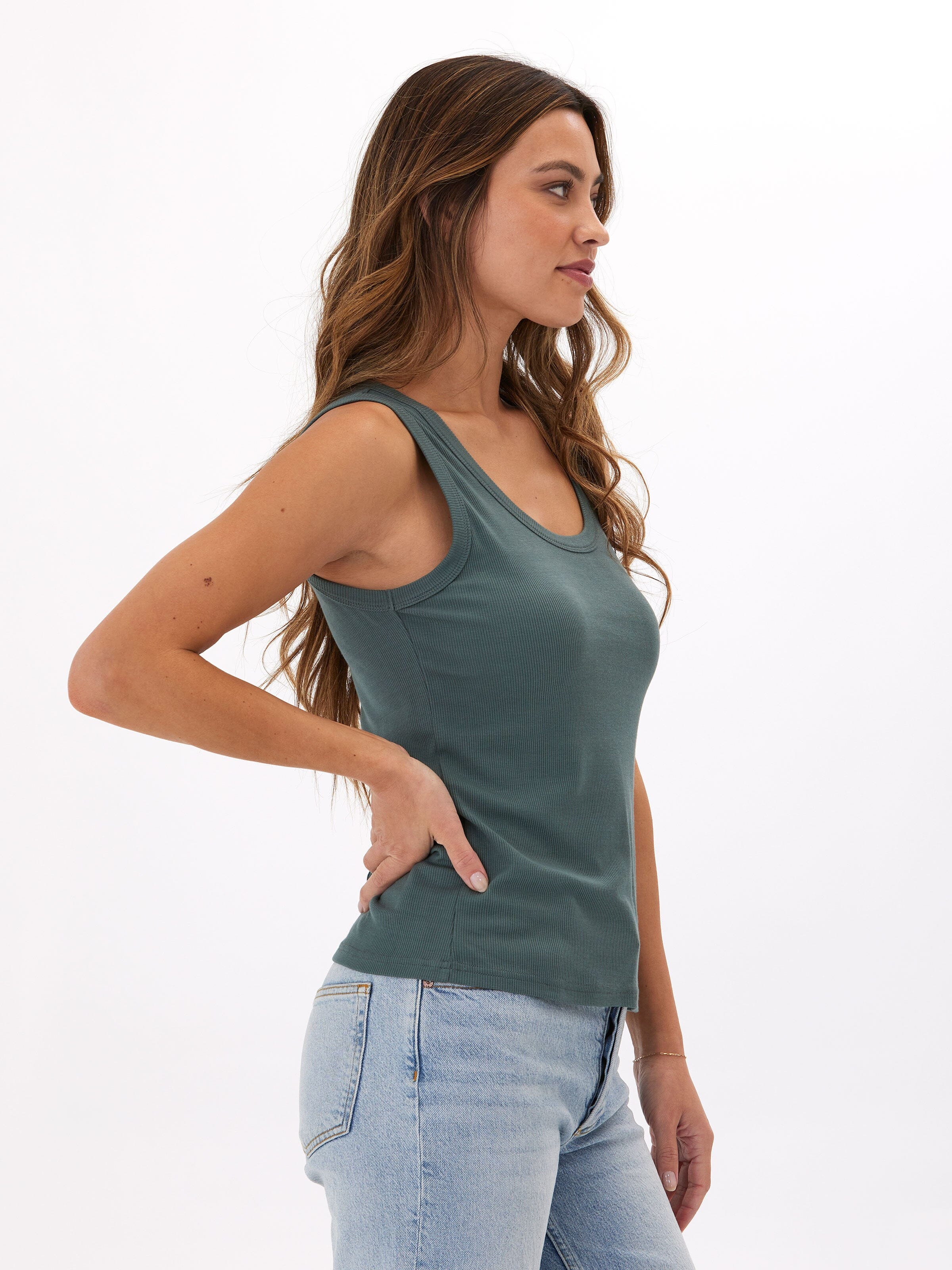 Amazonia Feather Rib Tank Top in Dark-Teal and Muted-Green