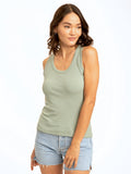 Close up of the Amazonia Feather Rib Tank featuring a scoop neck and ribbed fabric texture.