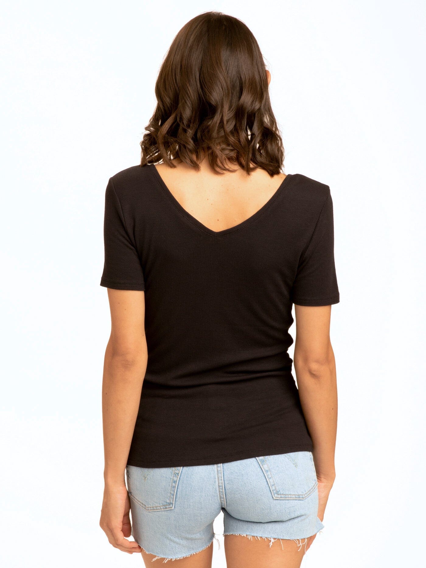 Darina Feather Rib Double V-Neck Slim Fit Long Sleeve Top
