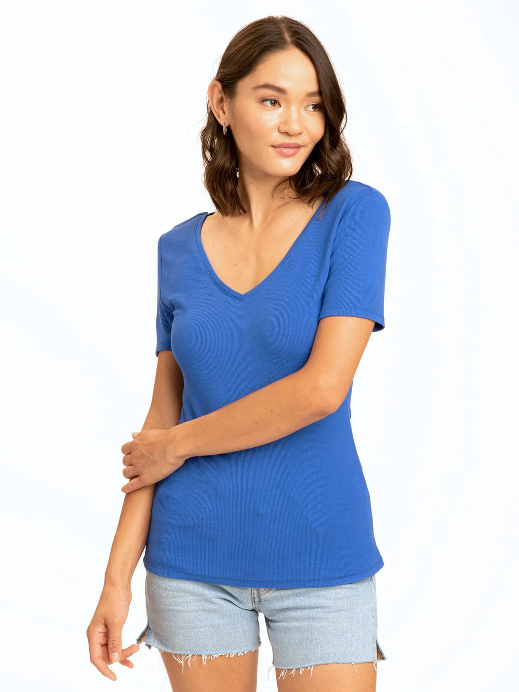 Close up of the Darina Feather Rib Double V-Neck Top showing ribbed texture and neckline detail