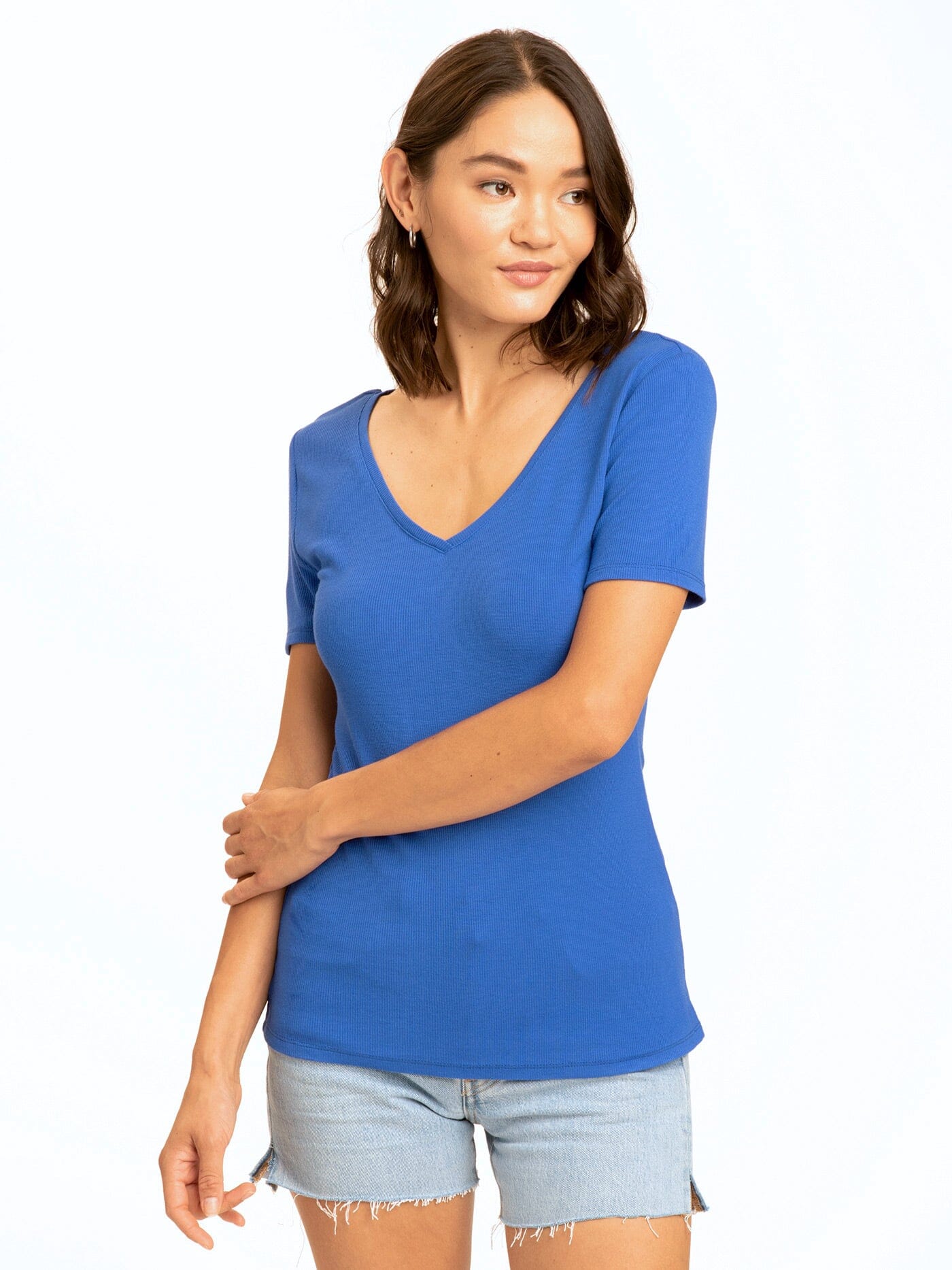 Close up of the Darina Feather Rib Double V-Neck Top showing ribbed texture and neckline detail
