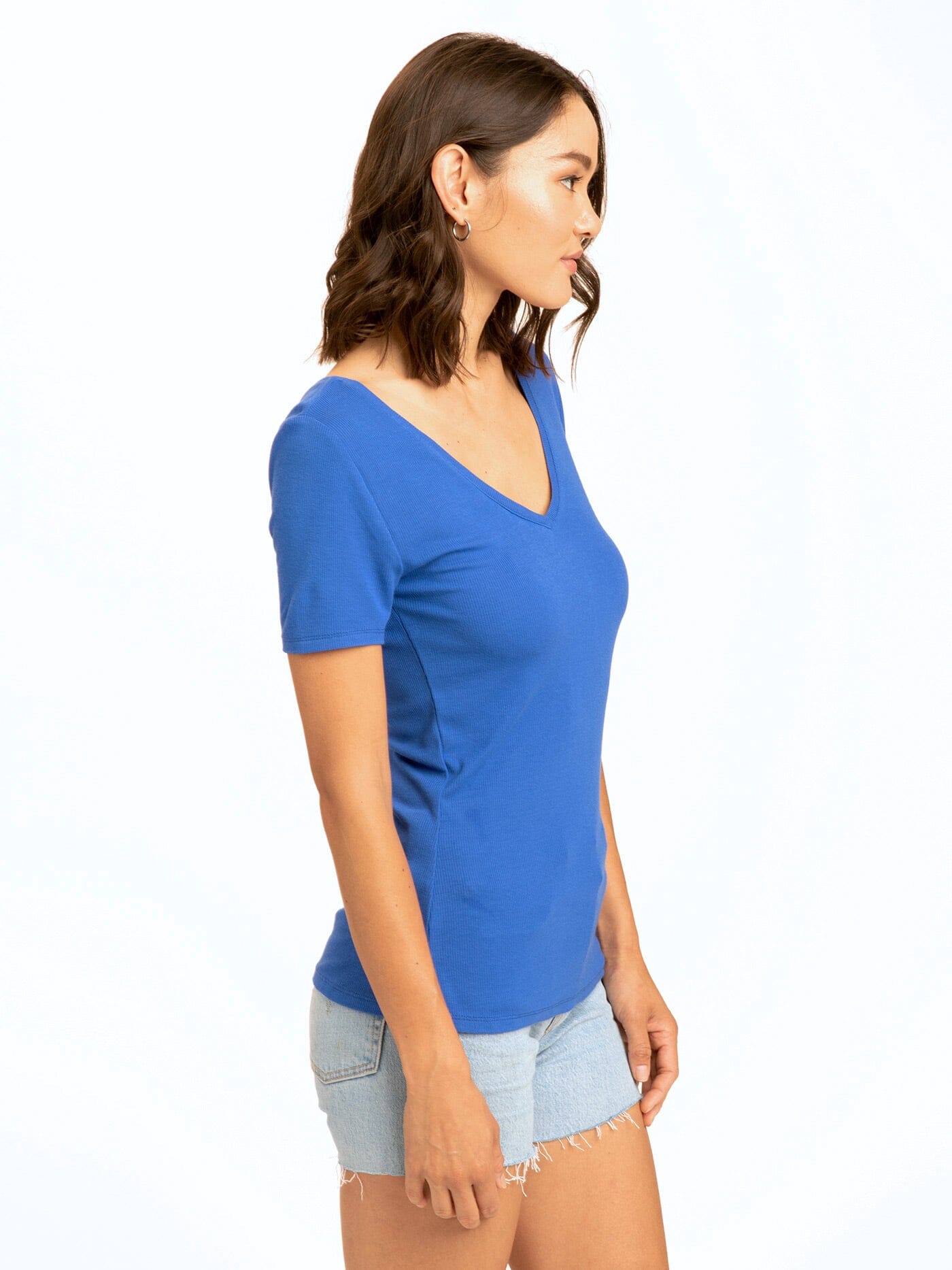 Darina Feather Rib Double V-Neck Slim Fit Long Sleeve Top