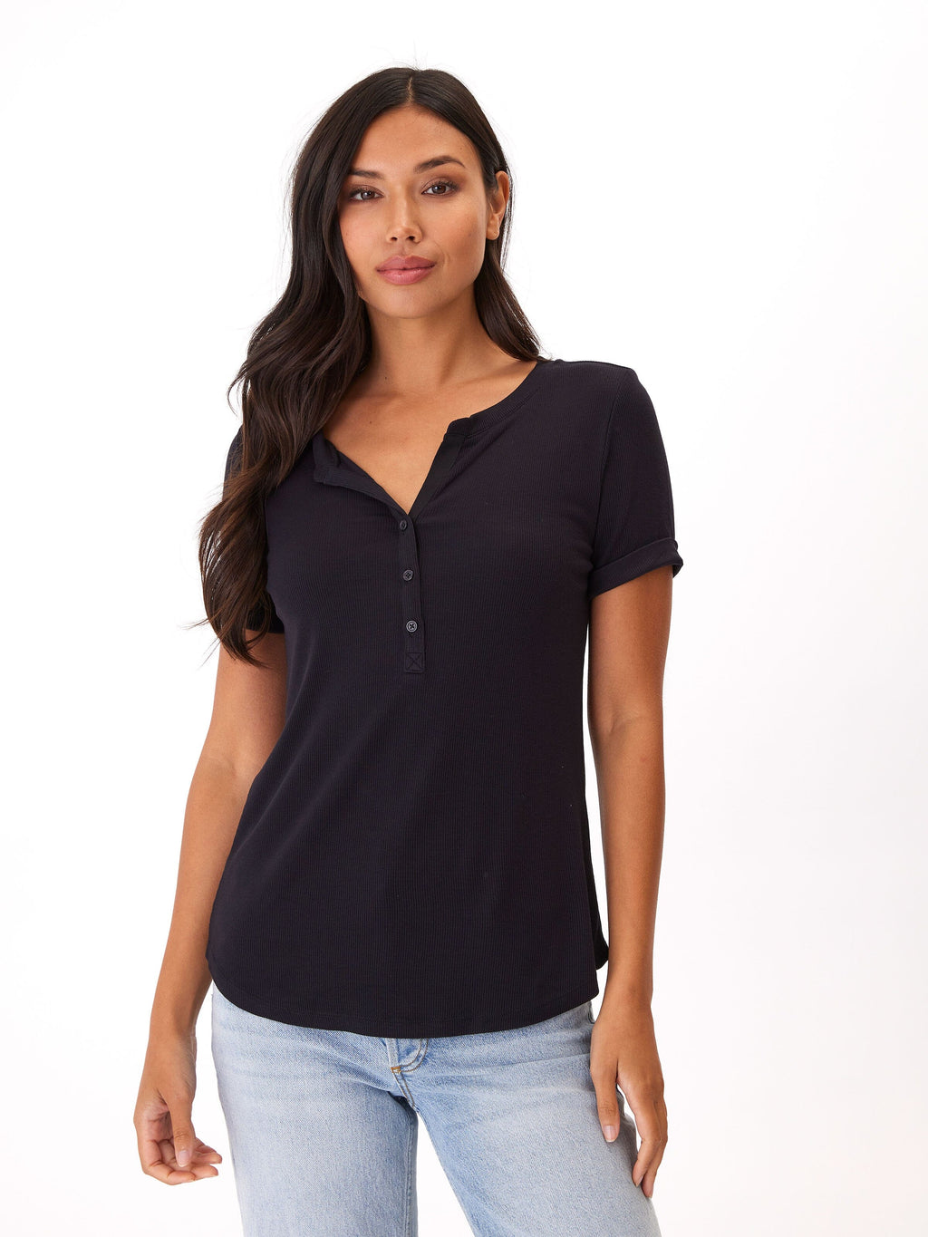 Feather Rib Henley Tee with 3-Button Placket and Cuffed Sleeves