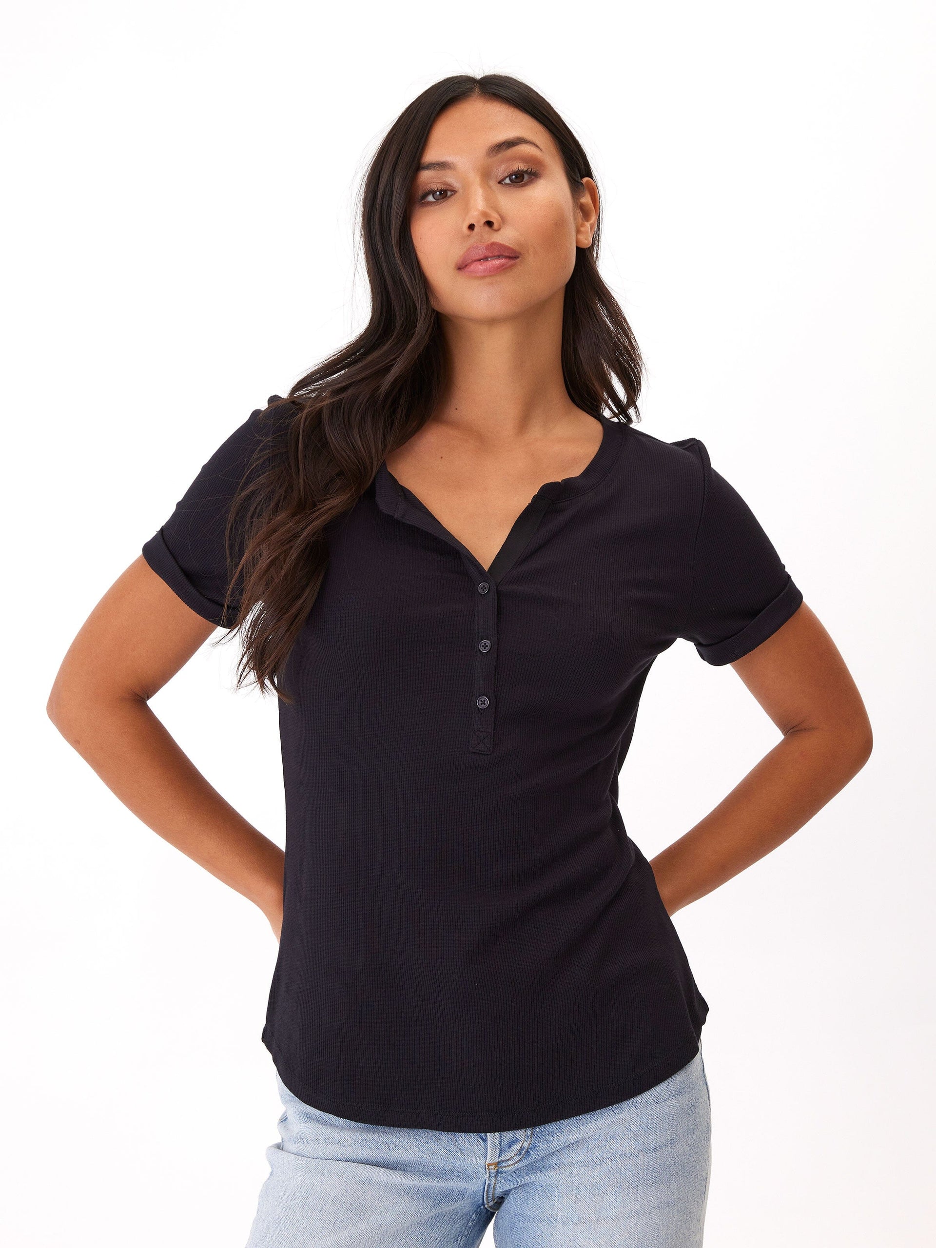 Feather Rib Henley Tee with 3-Button Placket and Cuffed Sleeves