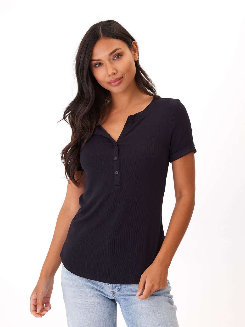 Feather Rib Henley Tee with 3-Button Placket and Cuffed Sleeves