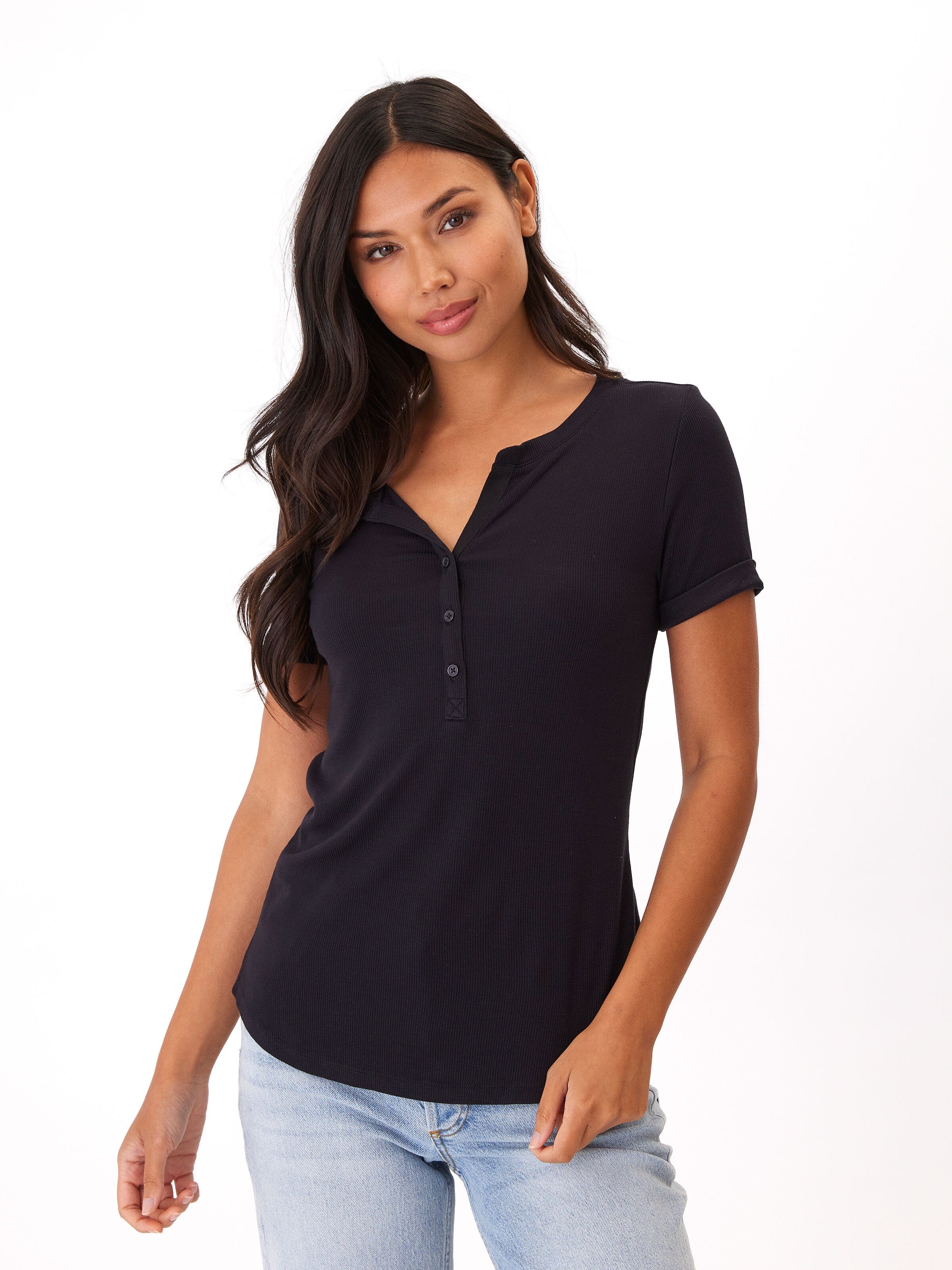 Feather Rib Henley Tee with 3-Button Placket and Cuffed Sleeves