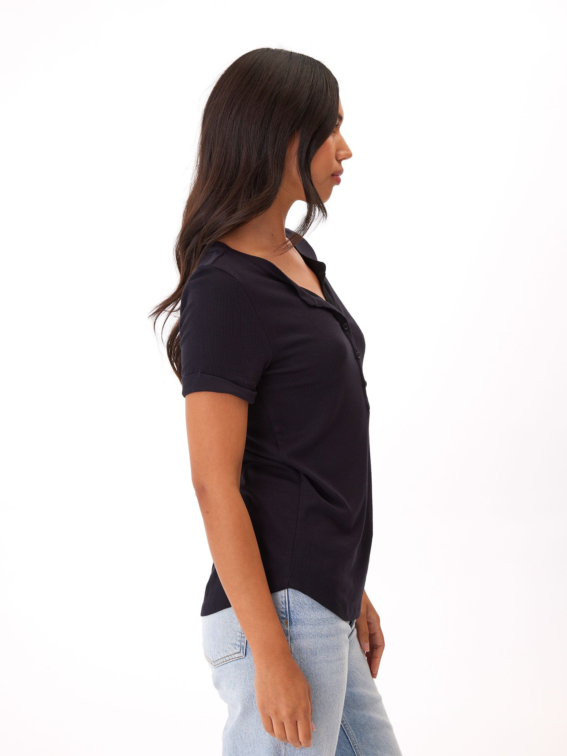Feather Rib Henley Tee with 3-Button Placket and Cuffed Sleeves