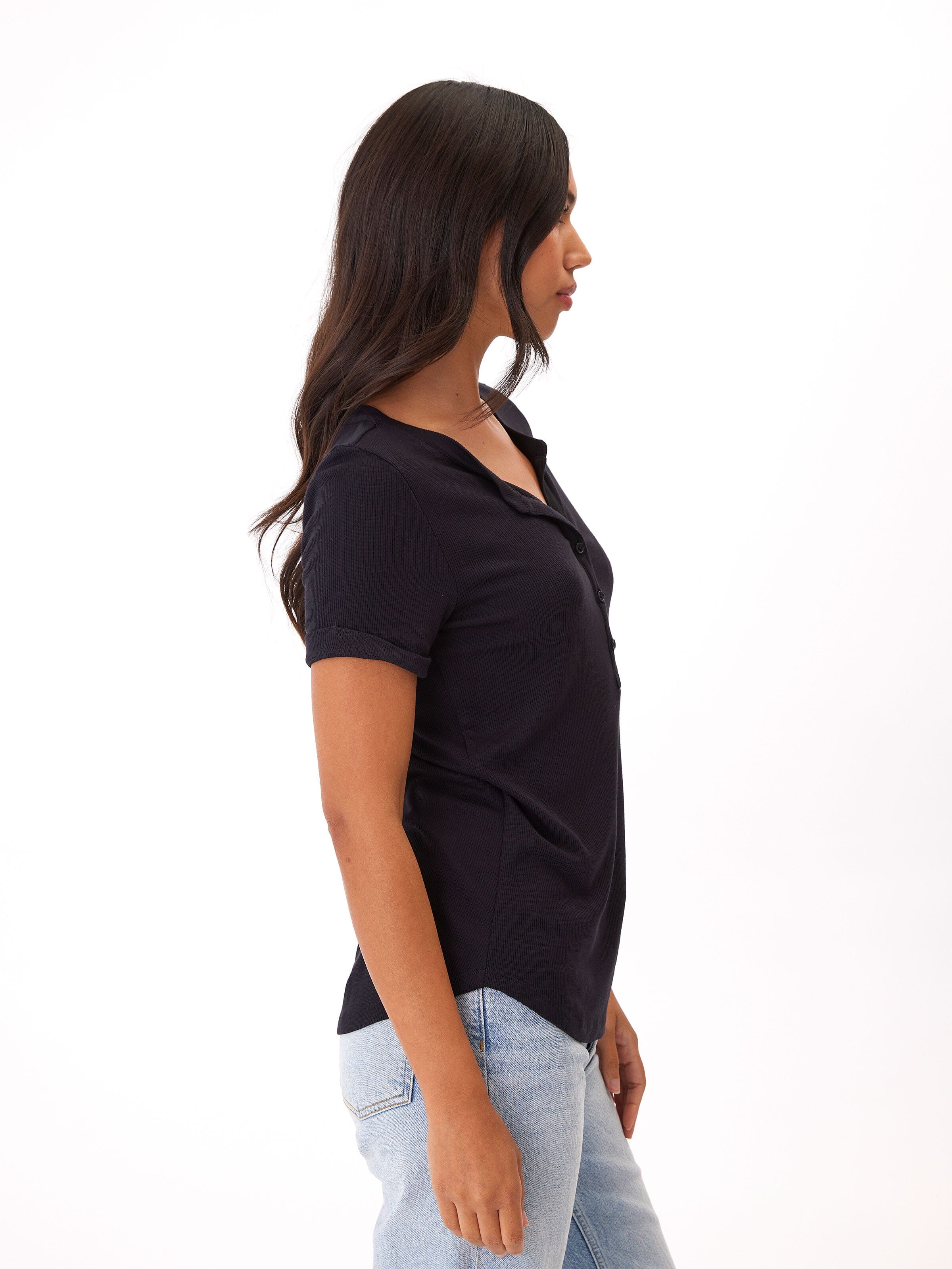 Feather Rib Henley Tee with 3-Button Placket and Cuffed Sleeves