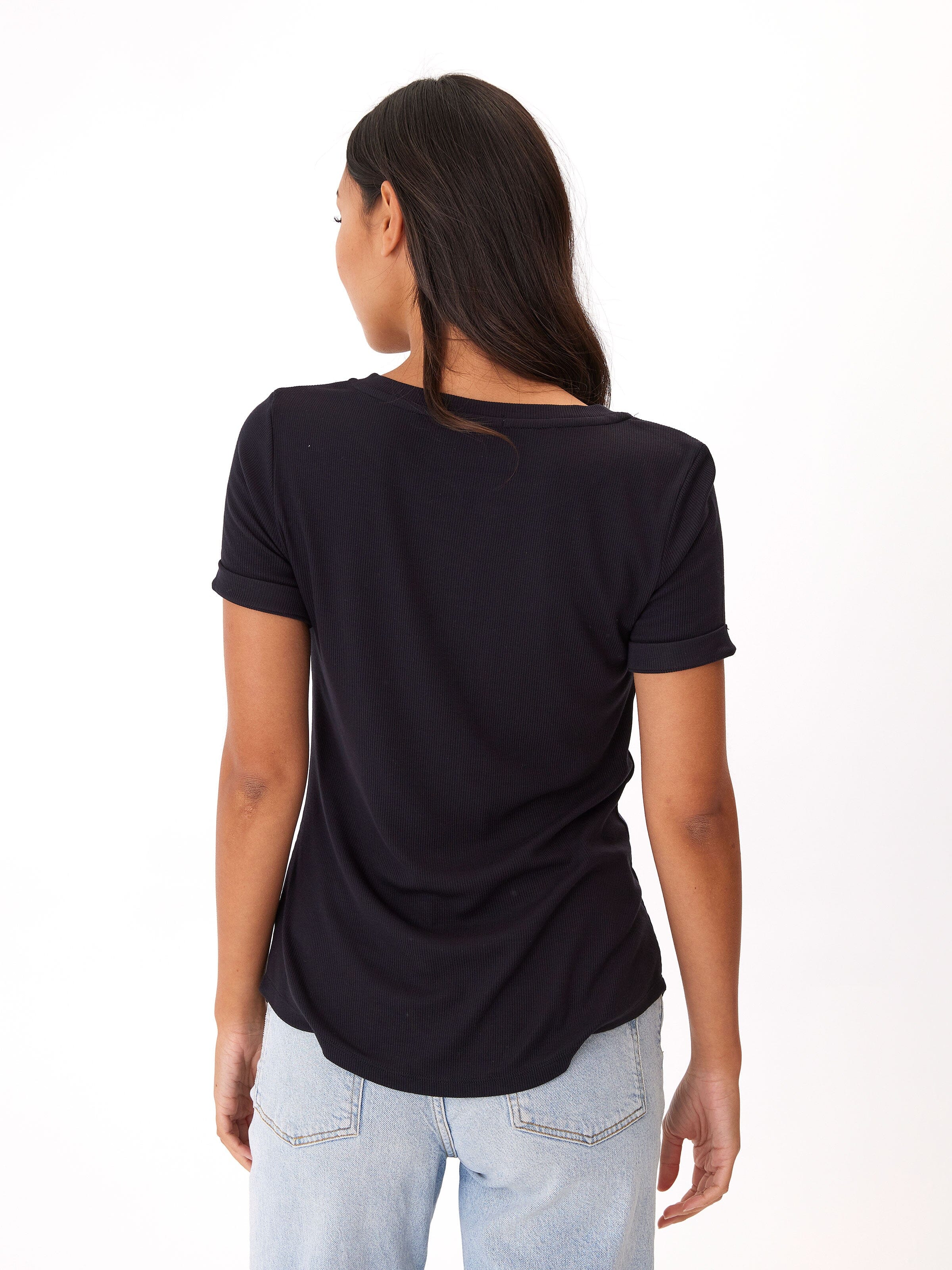 Feather Rib Henley Tee with 3-Button Placket and Cuffed Sleeves