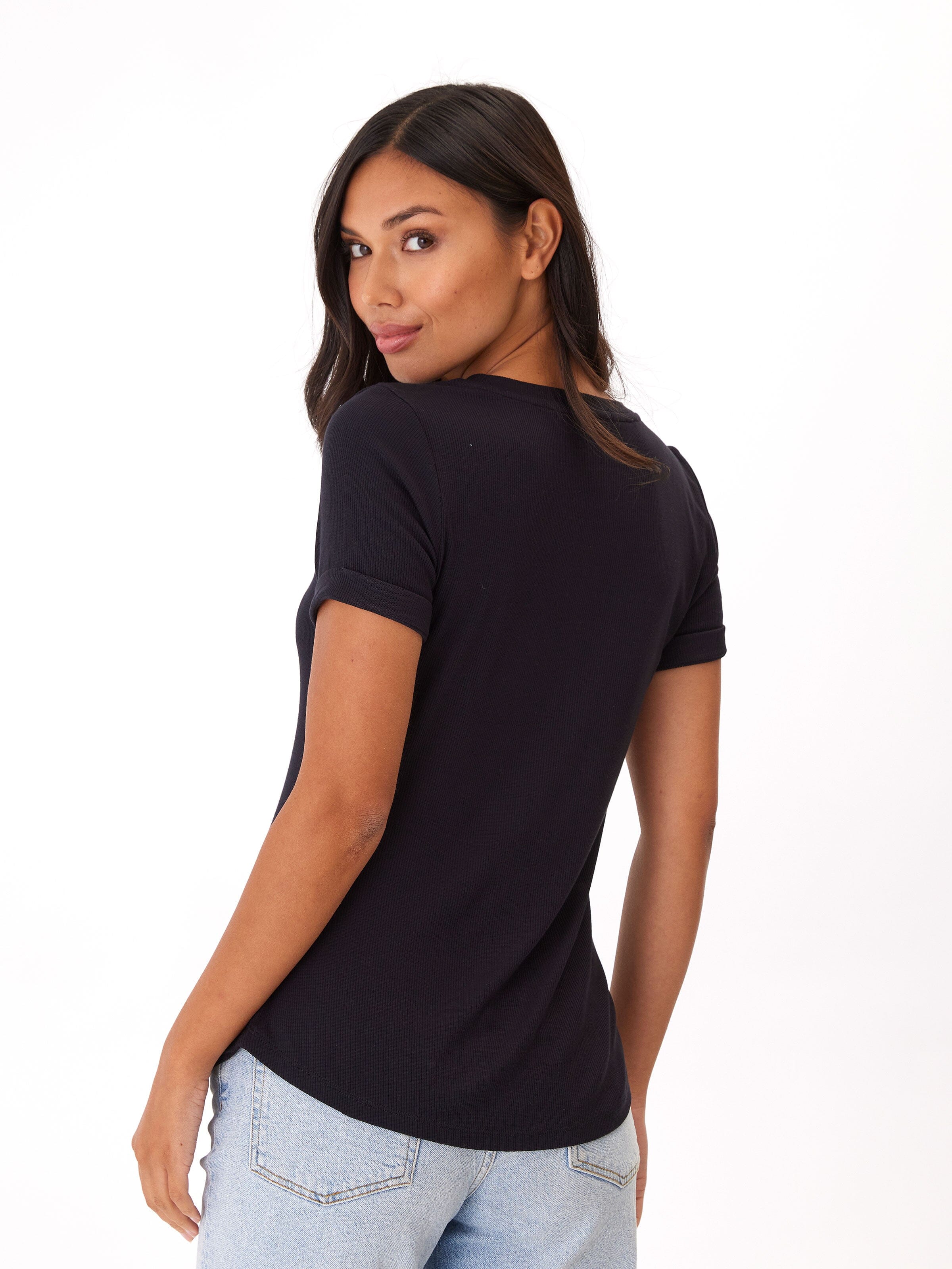 Feather Rib Henley Tee with 3-Button Placket and Cuffed Sleeves
