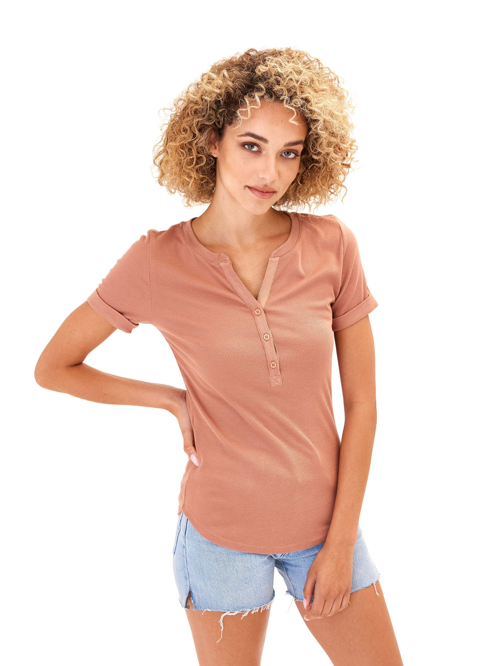 Feather Rib Henley Tee with 3-Button Placket and Cuffed Sleeves