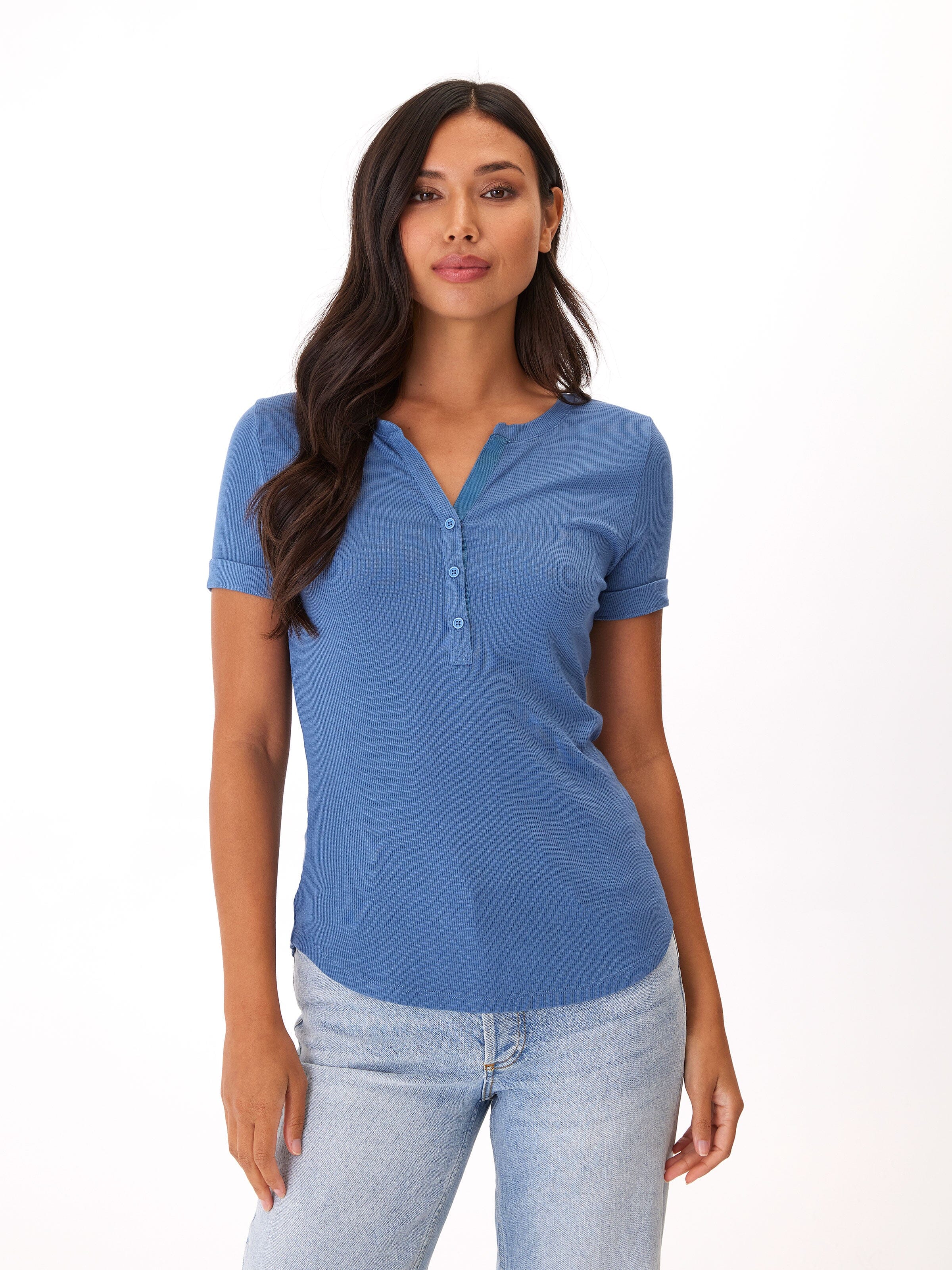 Akia Feather Rib Henley Tee in Blue